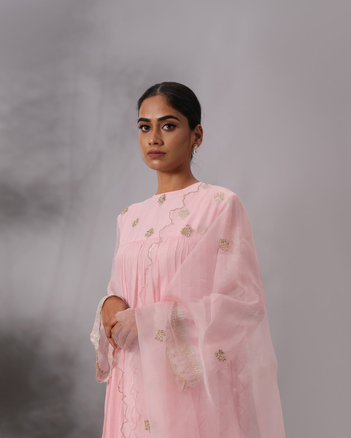 Model wearing the Blush Pink Gathered Salwar Set by Kpret by Kalakaari