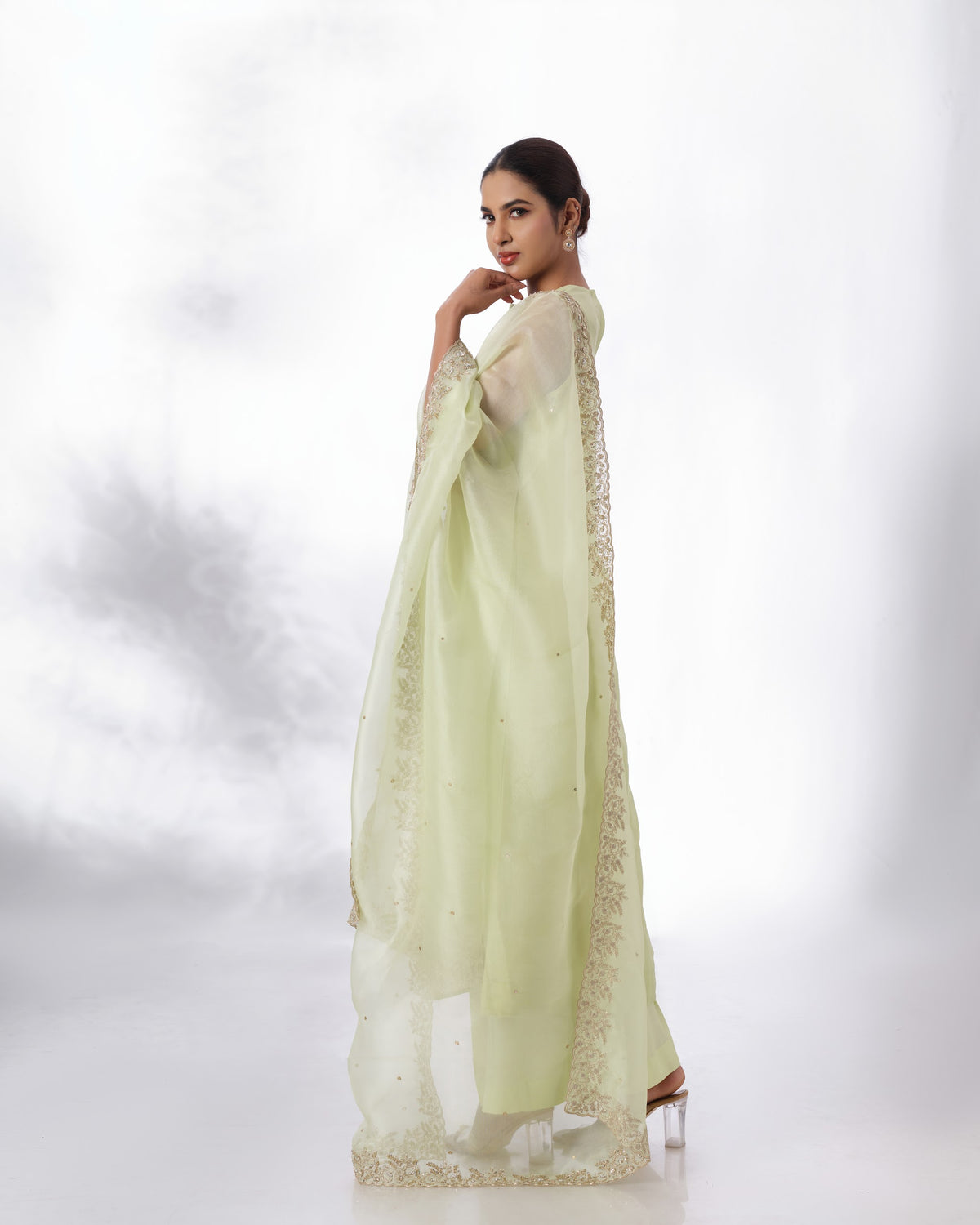 Model wearing the Lime Cream Chanderi Silk Set by Kpret by Kalakaari