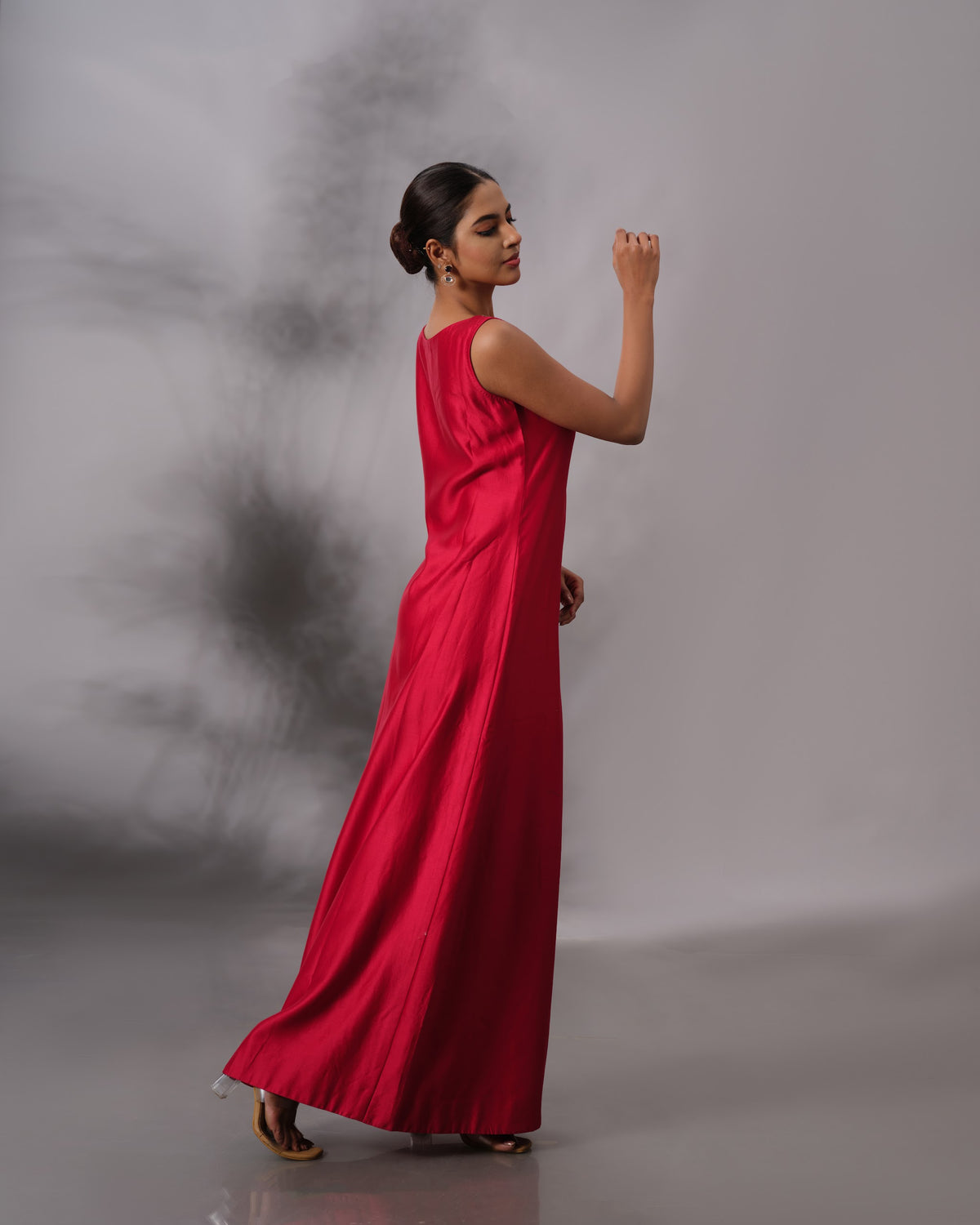 Model wearing the Crimson Red Chanderi Silk Set by Kpret by Kalakaari