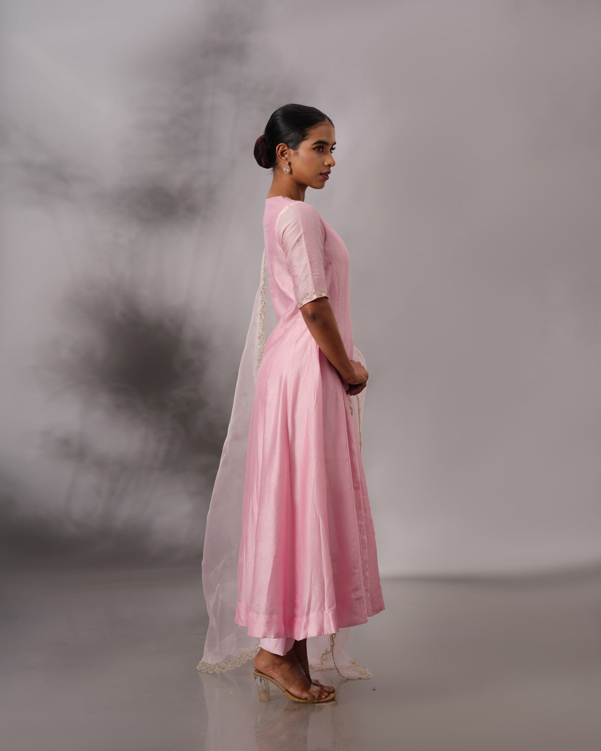 Model wearing the Candy Pink Three-Panelled Chanderi Silk Set by Kpret by Kalakaari