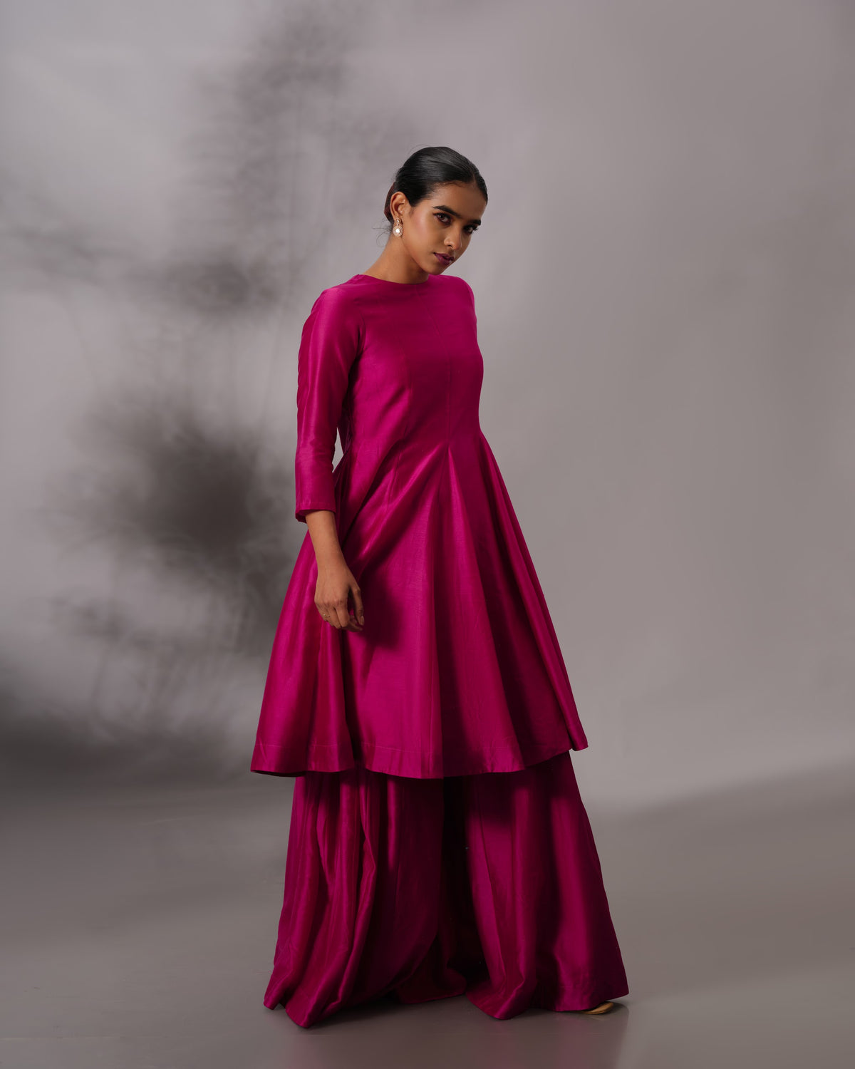 Model wearing the Hot Pink Godet Salwar Set by Kpret by Kalakaari