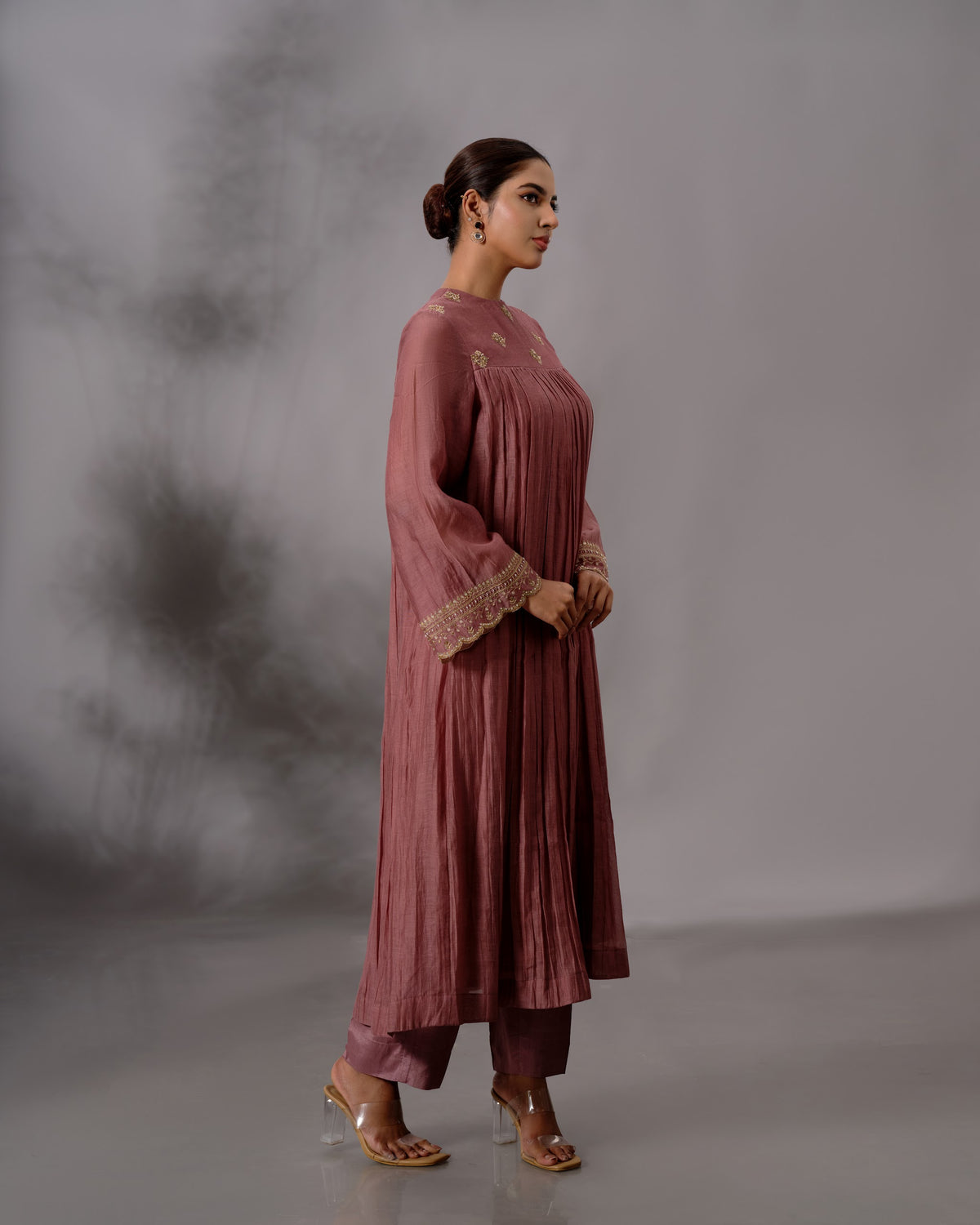 Model wearing the Rosewood Gathered Salwar Set by Kpret by Kalakaari