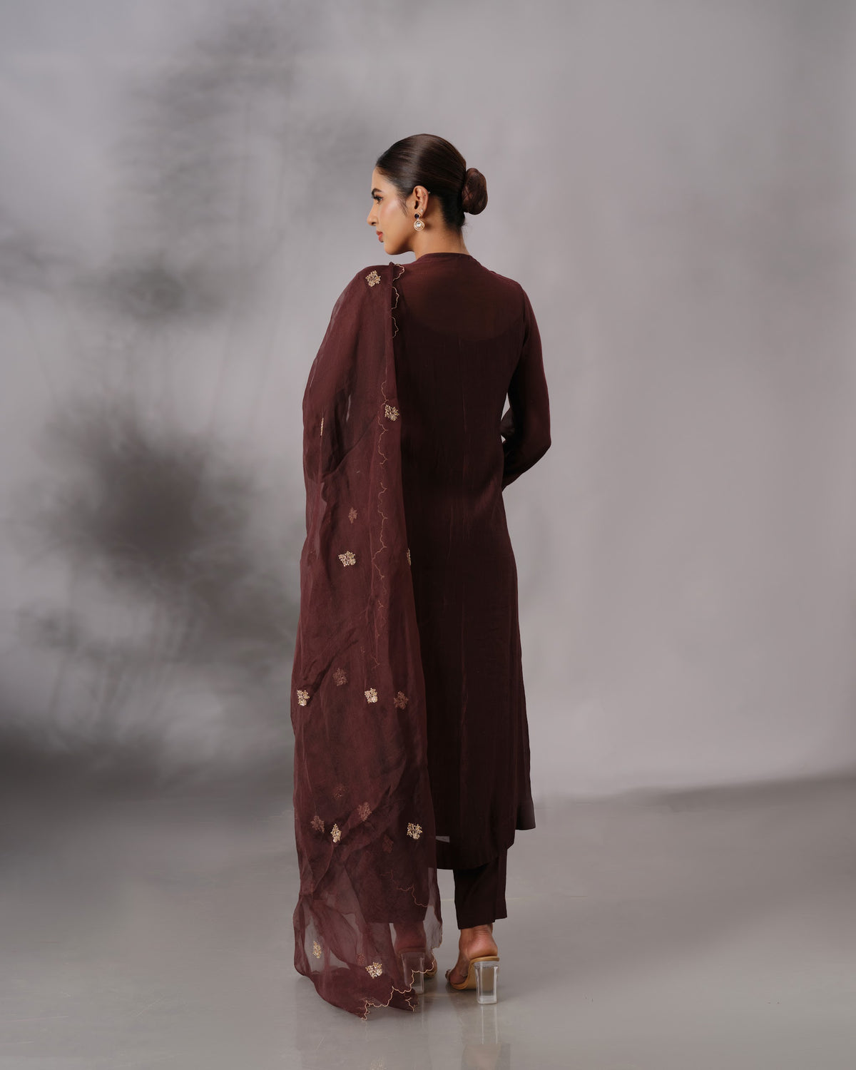 Model wearing the Dark Brown Hand-Embroidered Salwar Set by Kpret by Kalakaari