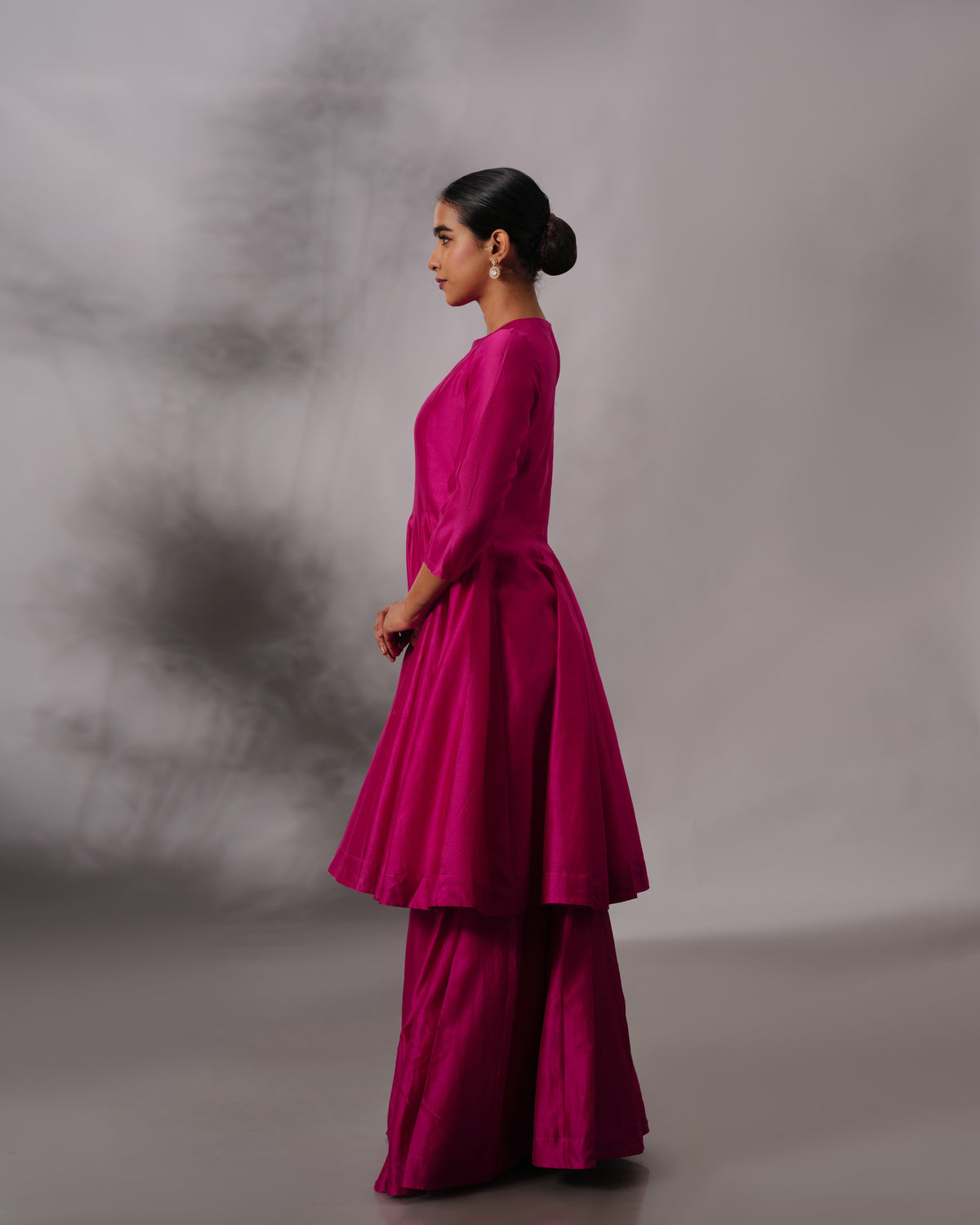 Model wearing the Hot Pink Godet Salwar Set by Kpret by Kalakaari