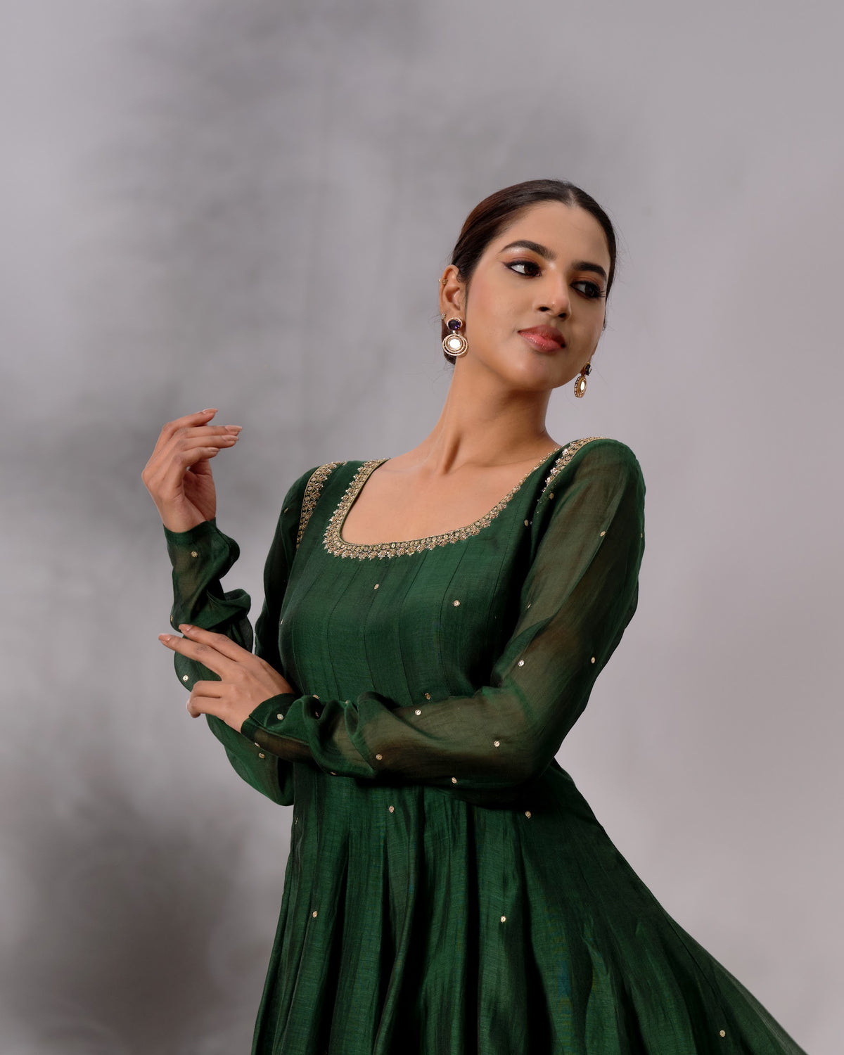 Model wearing the Deep Emerald Panelled Salwar Set by Kpret by Kalakaari