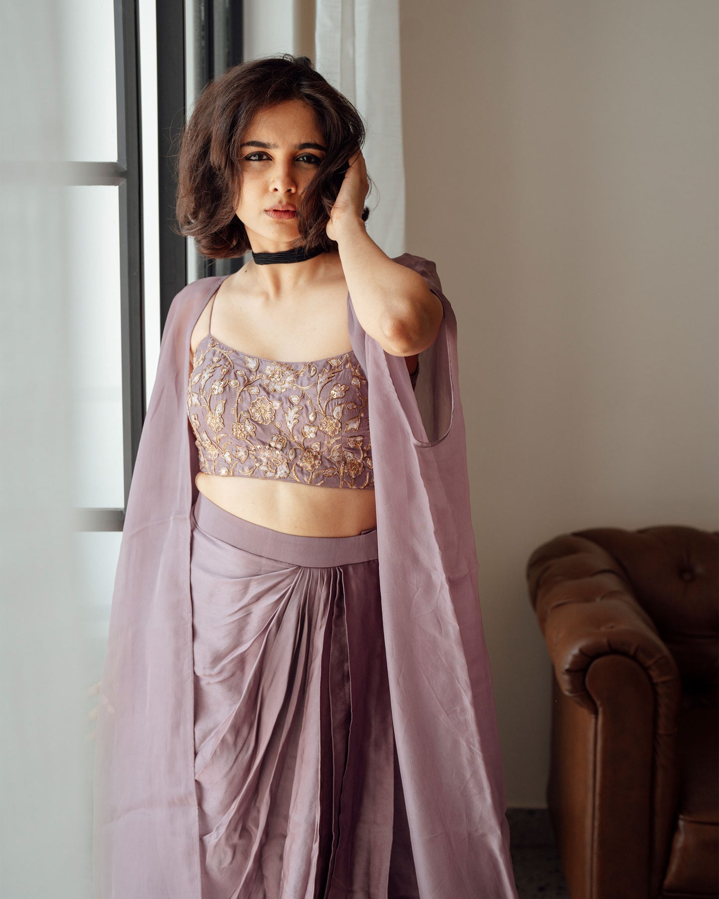 DARK MAUVE DRAPED SKIRT CROPTOP AND JACKET
