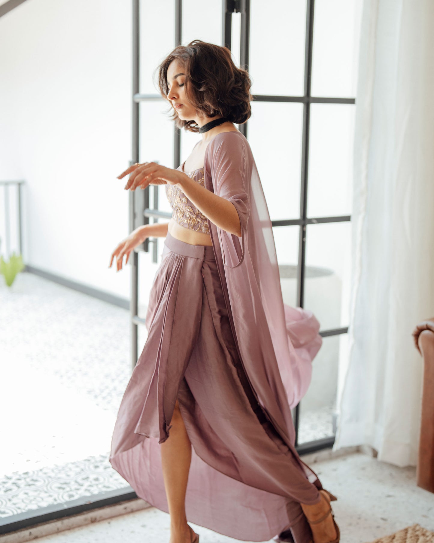 DARK MAUVE DRAPED SKIRT CROPTOP AND JACKET