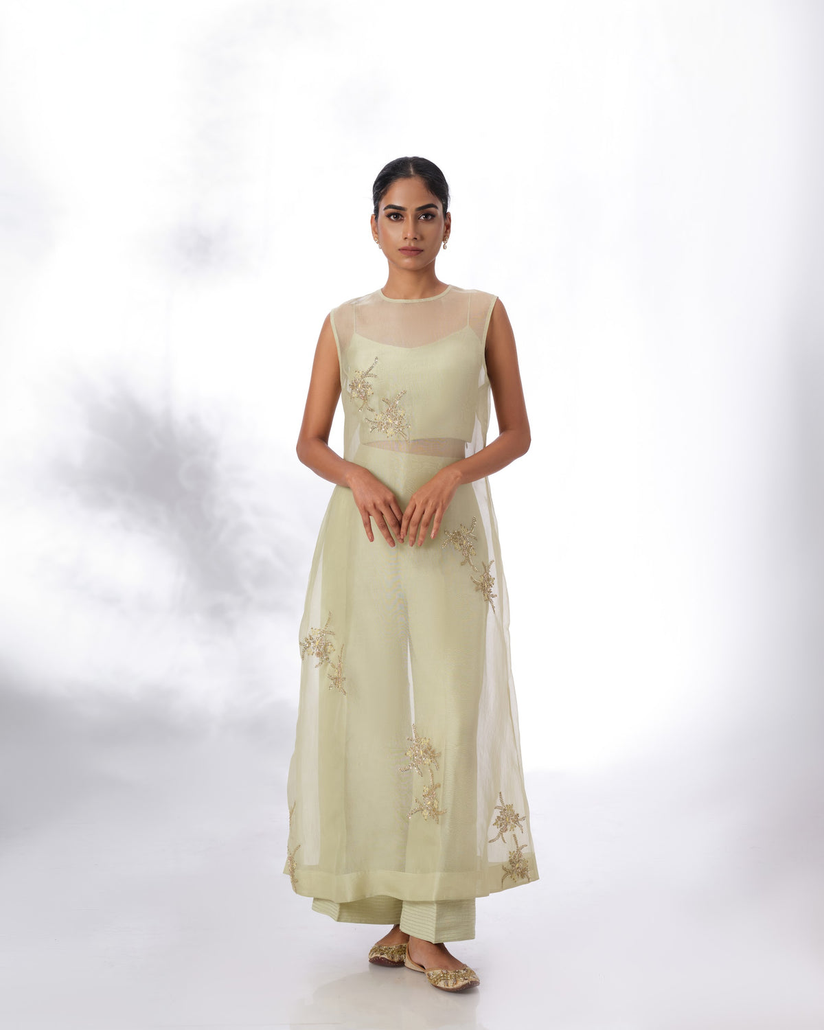 Model wearing the Seafoam Green Silk Organza Butta Set by Kpret by Kalakaari