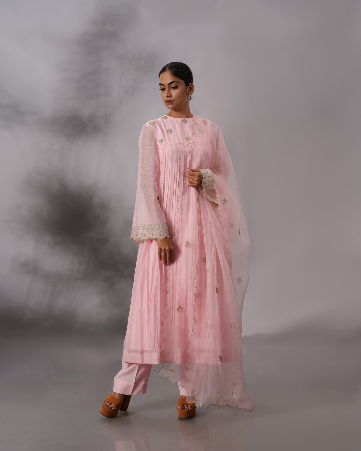 Model wearing the Blush Pink Gathered Salwar Set by Kpret by Kalakaari