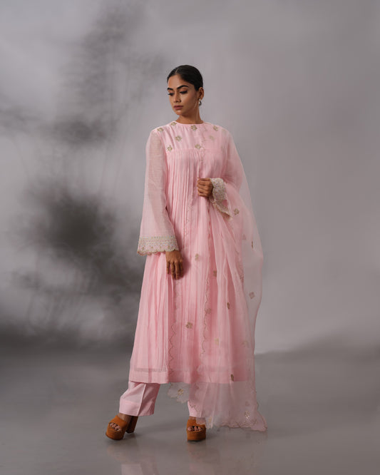 Model wearing the Blush Pink Gathered Salwar Set by Kpret by Kalakaari