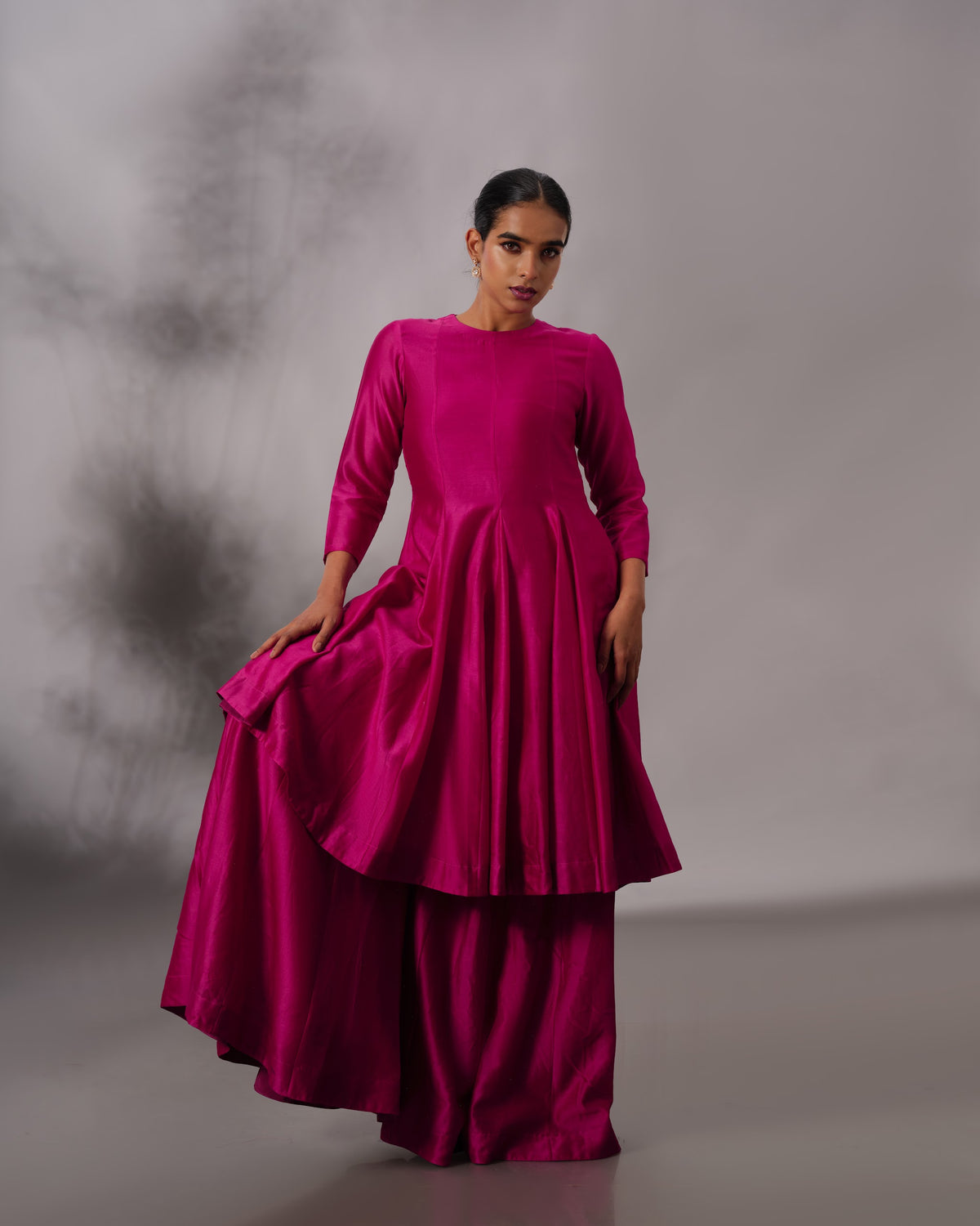 Model wearing the Hot Pink Godet Salwar Set by Kpret by Kalakaari