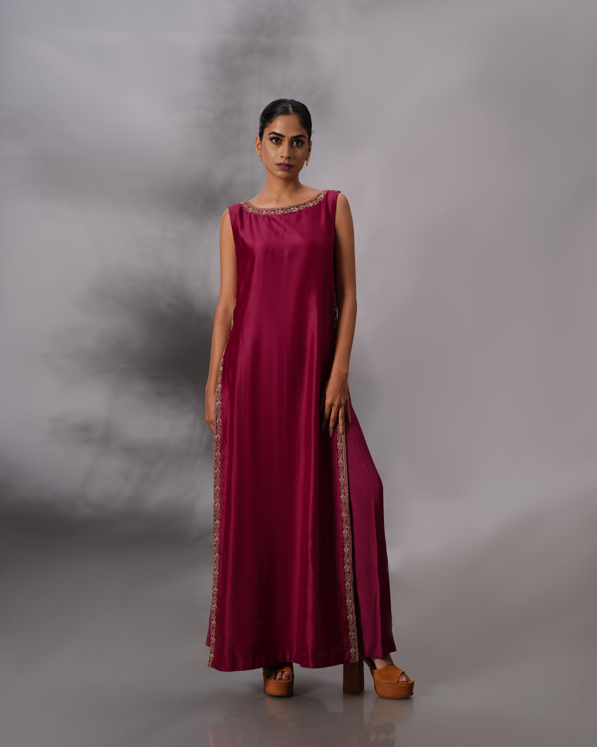 Model wearing the Vintage Wine Side-Slit Salwar Set by Kpret by Kalakaari