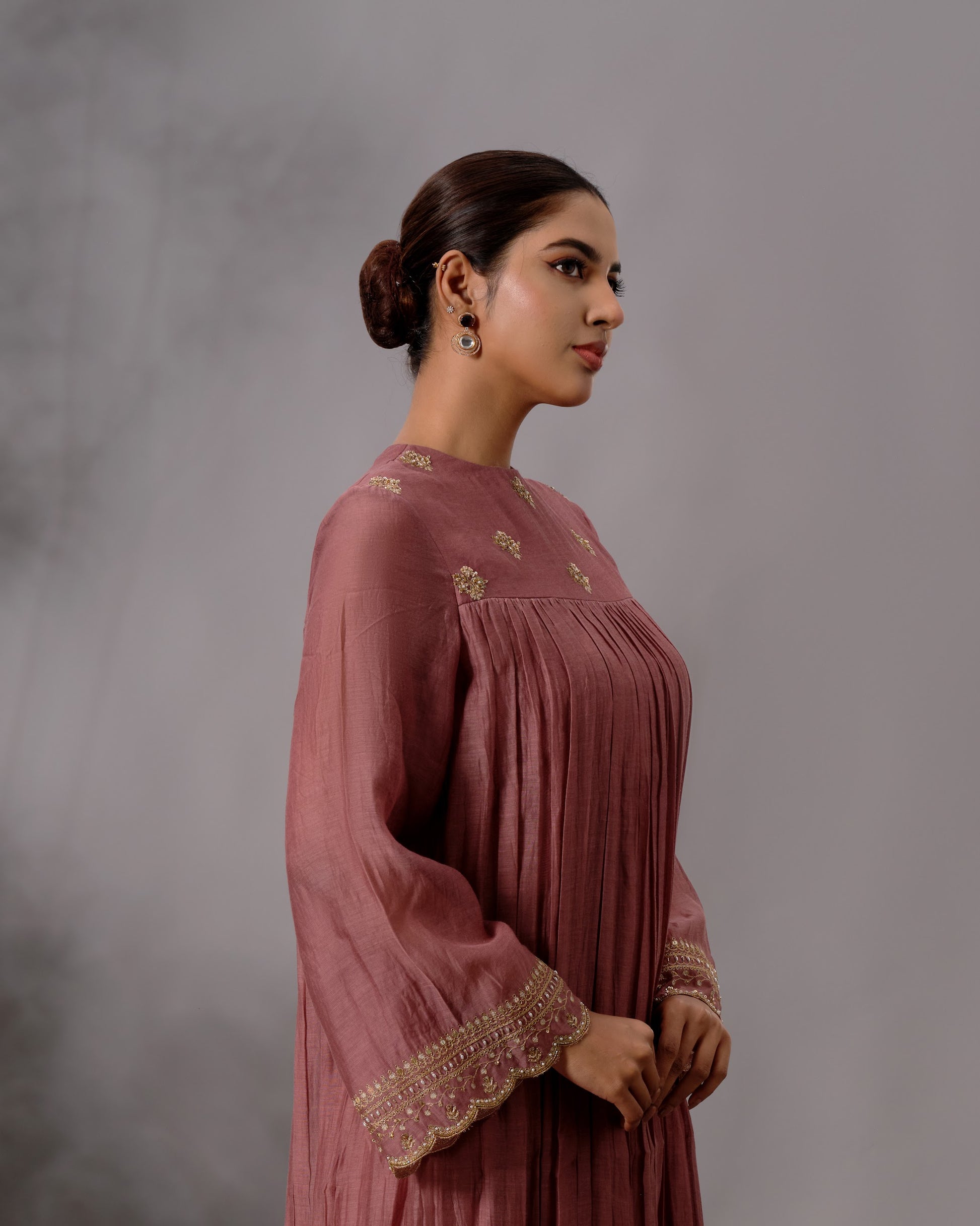 Model wearing the Rosewood Gathered Salwar Set by Kpret by Kalakaari