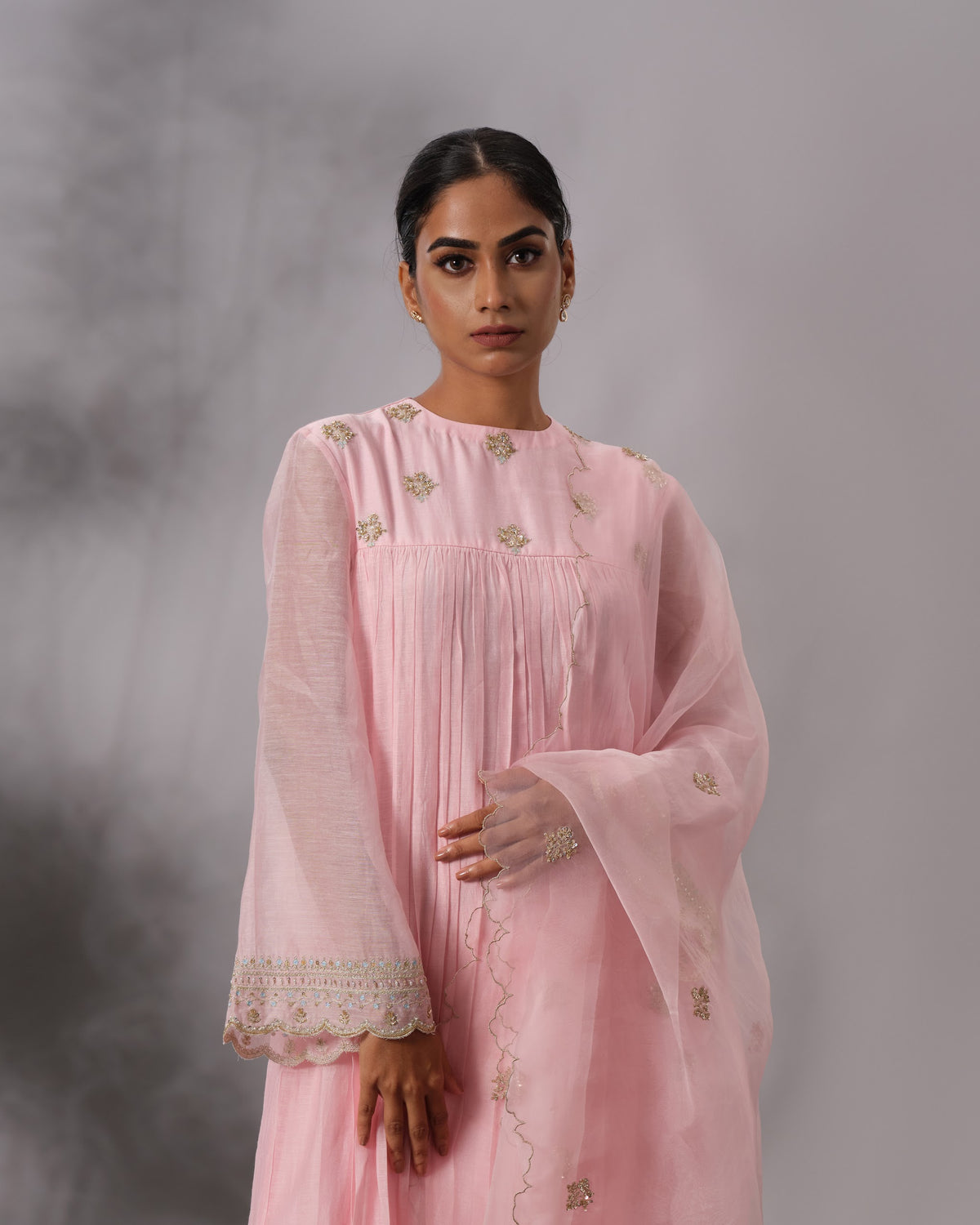Model wearing the Blush Pink Gathered Salwar Set by Kpret by Kalakaari