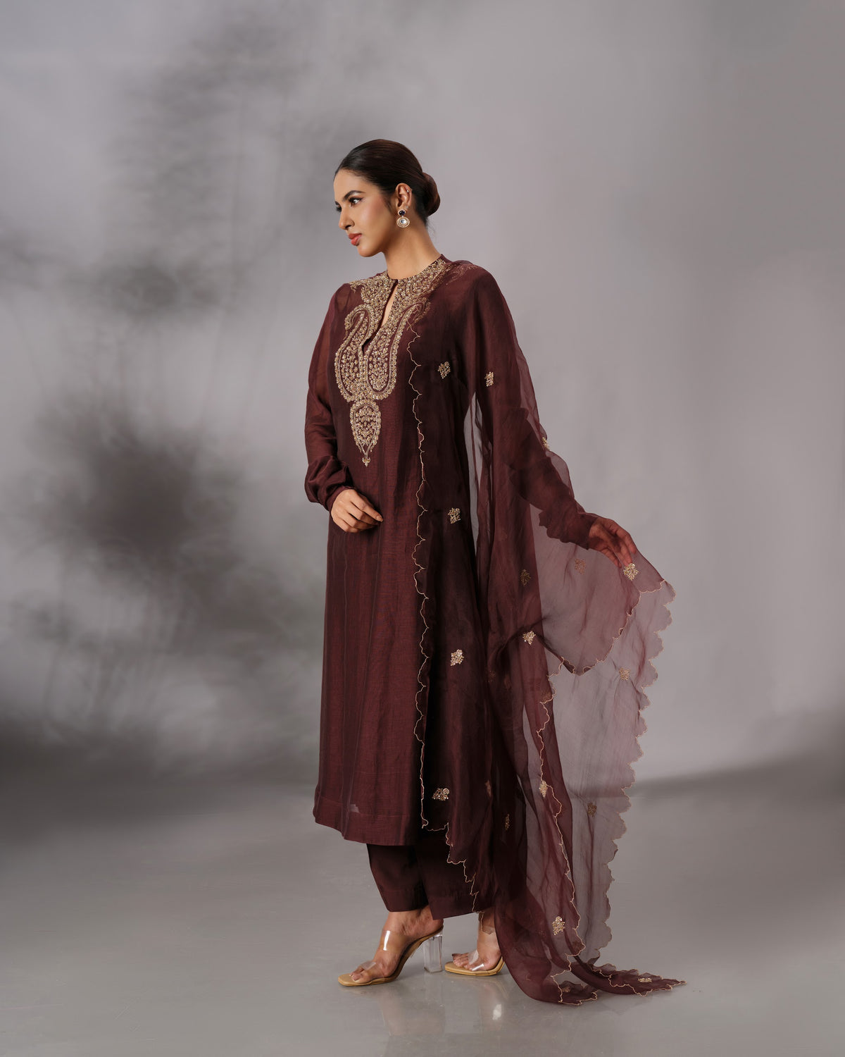 Model wearing the Dark Brown Hand-Embroidered Salwar Set by Kpret by Kalakaari