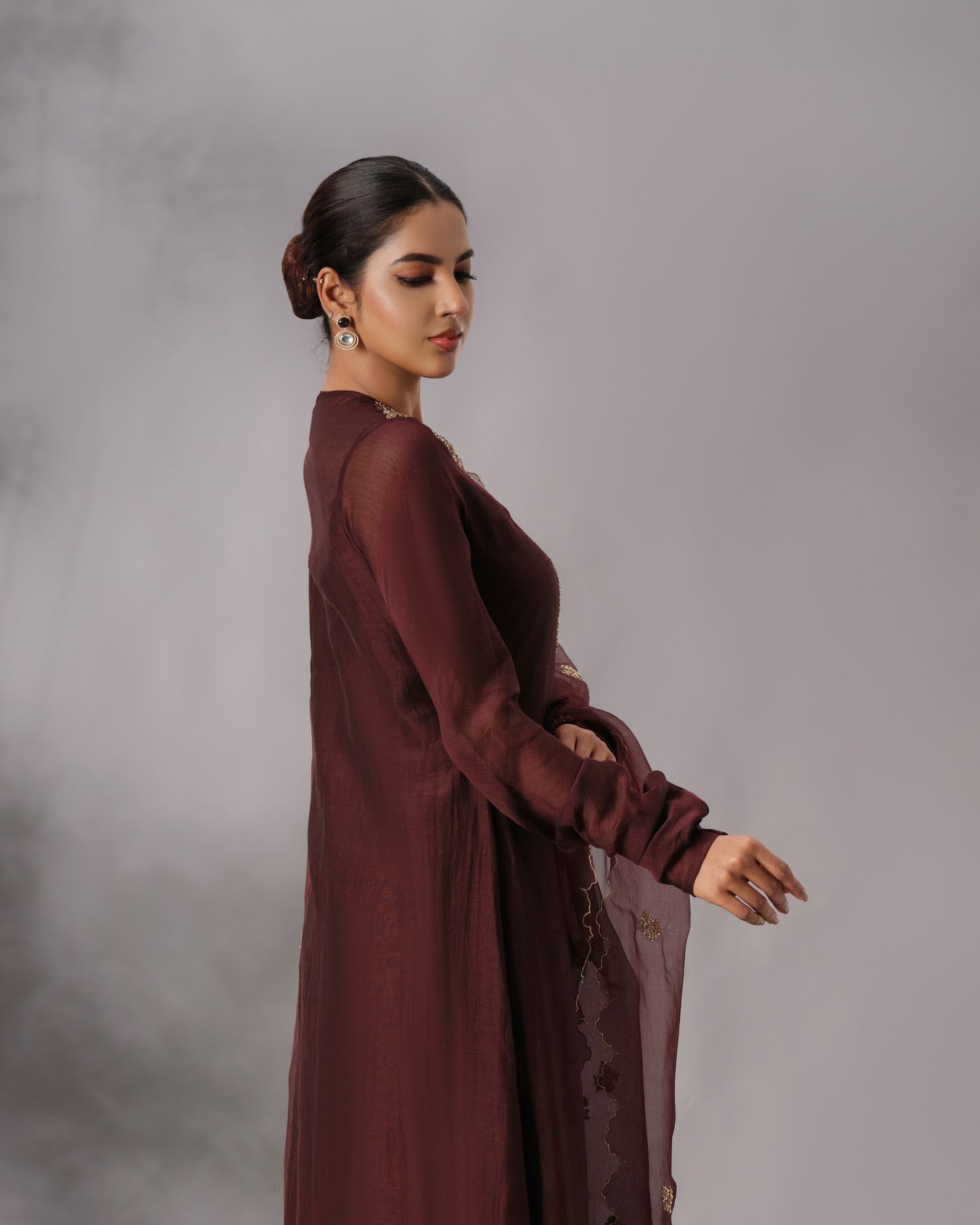 Model wearing the Dark Brown Hand-Embroidered Salwar Set by Kpret by Kalakaari