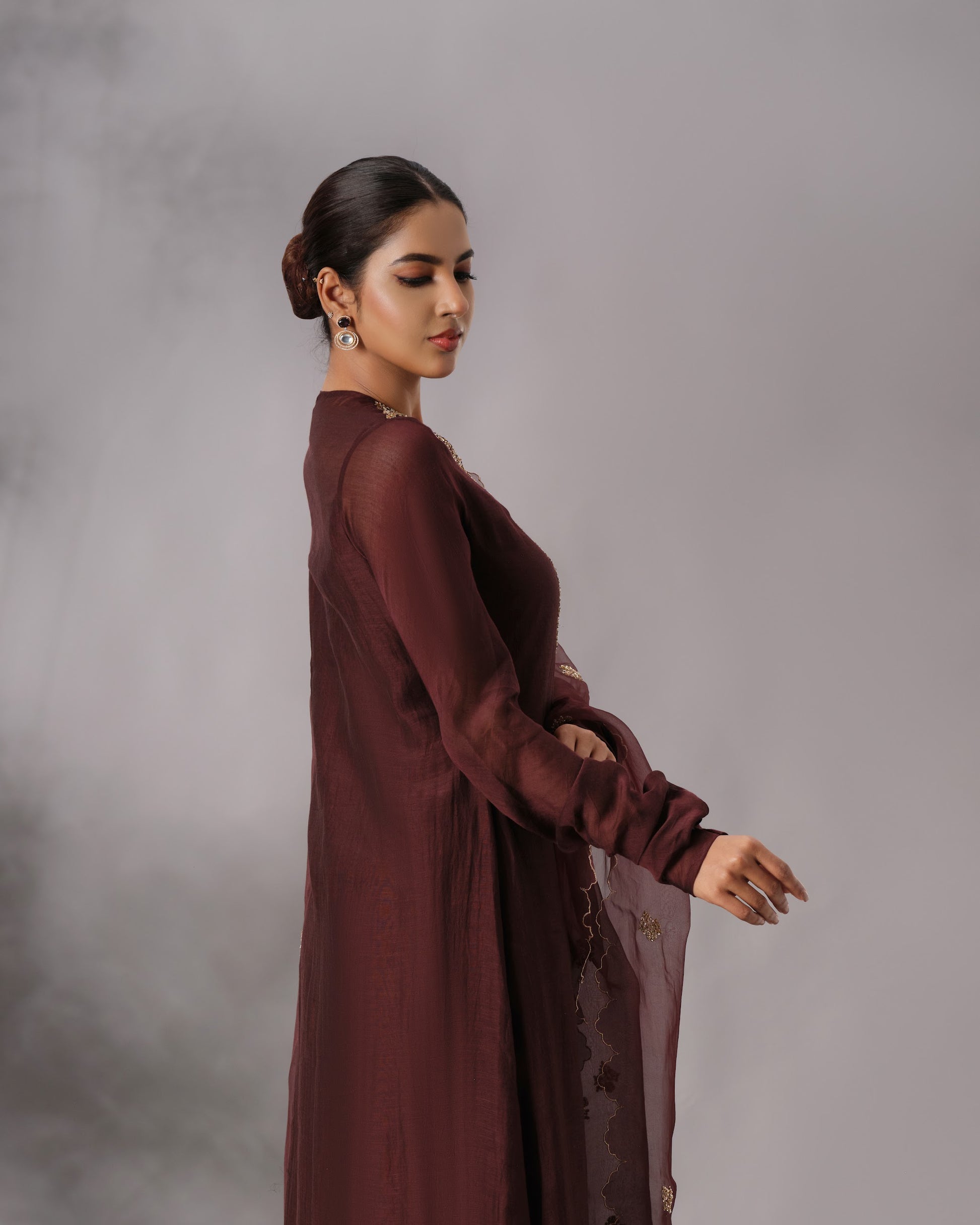 Model wearing the Dark Brown Hand-Embroidered Salwar Set by Kpret by Kalakaari