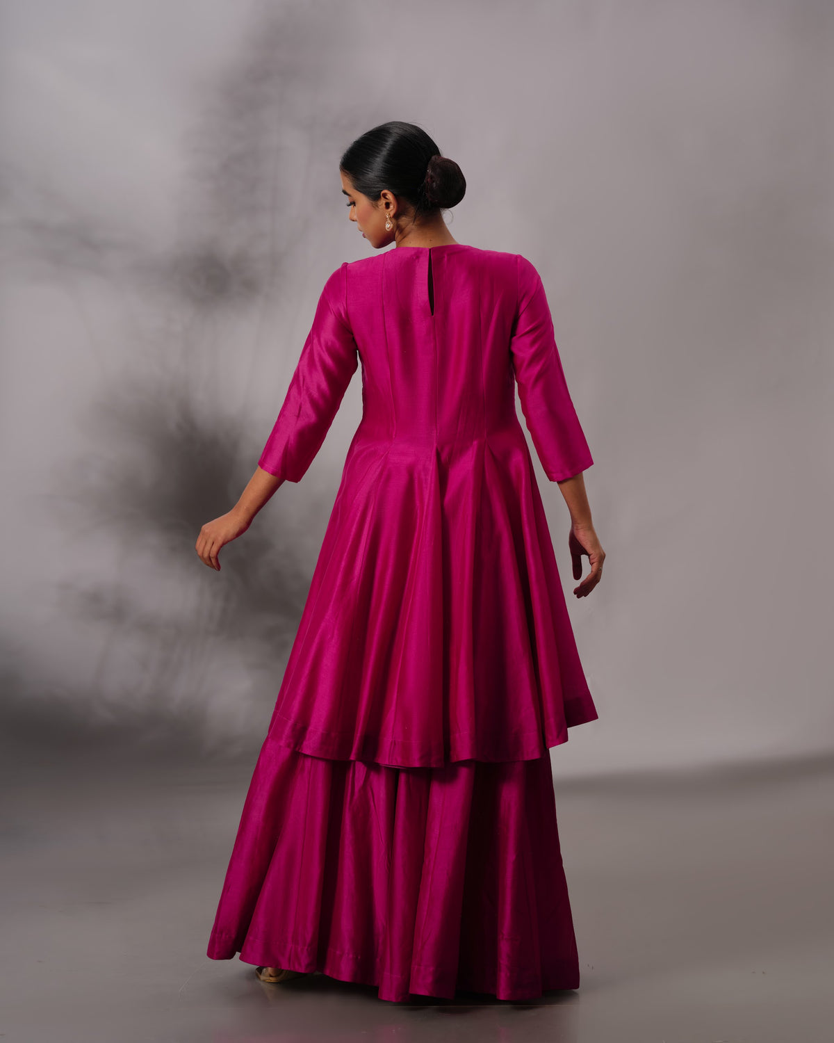 Model wearing the Hot Pink Godet Salwar Set by Kpret by Kalakaari
