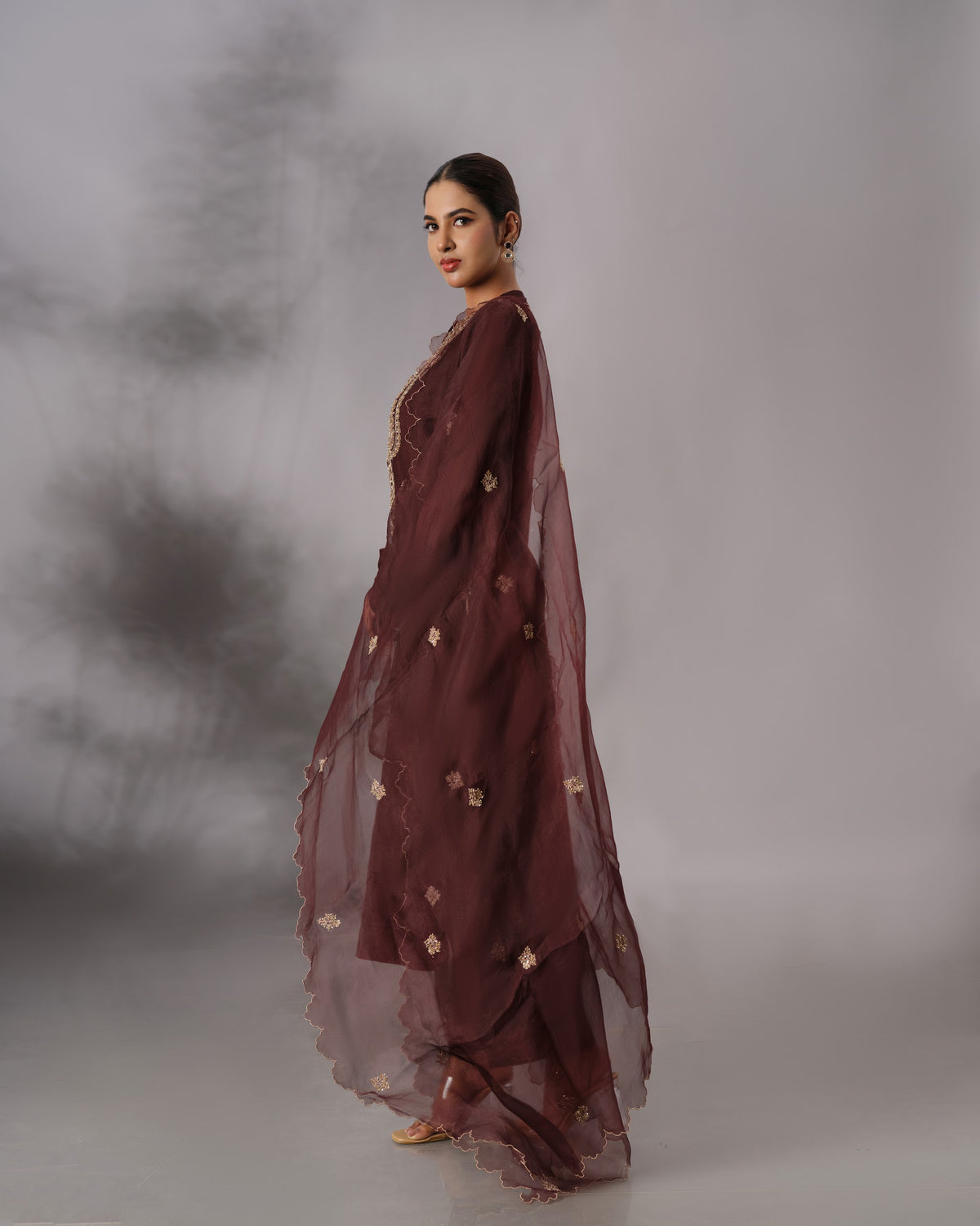 Model wearing the Dark Brown Hand-Embroidered Salwar Set by Kpret by Kalakaari