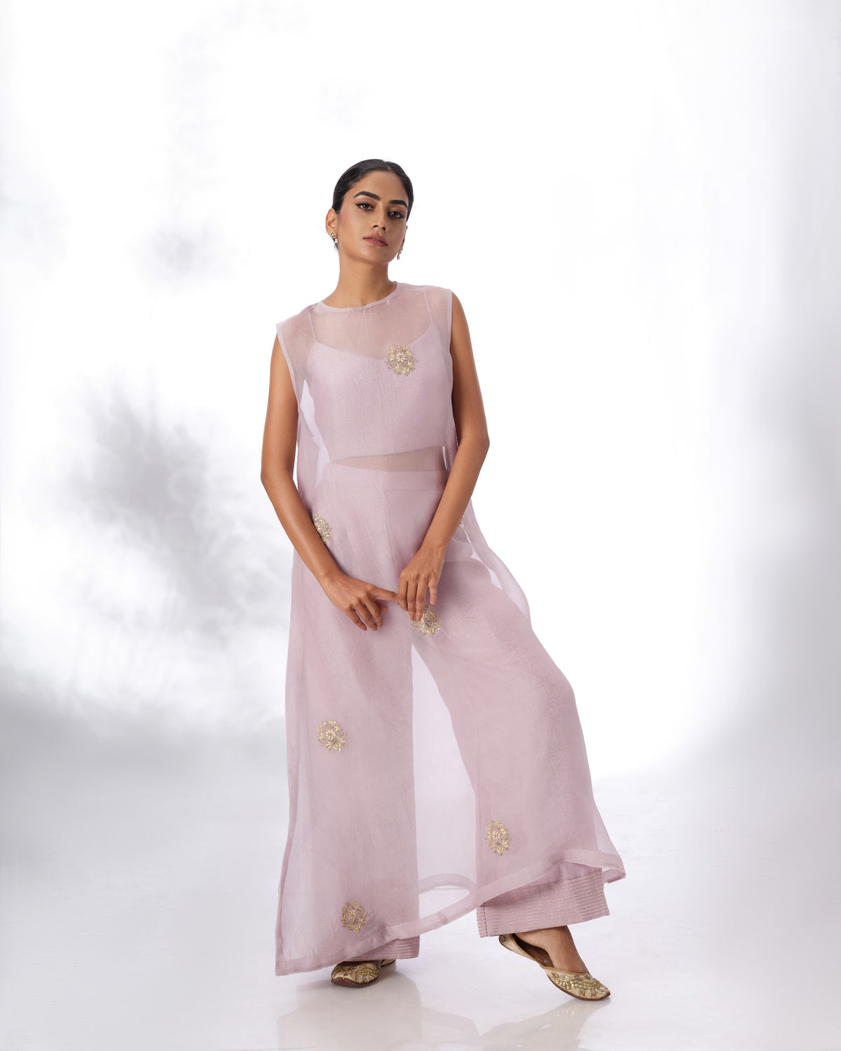 Model wearing the Light Lilac Silk Organza Butta Set by Kpret by Kalakaari