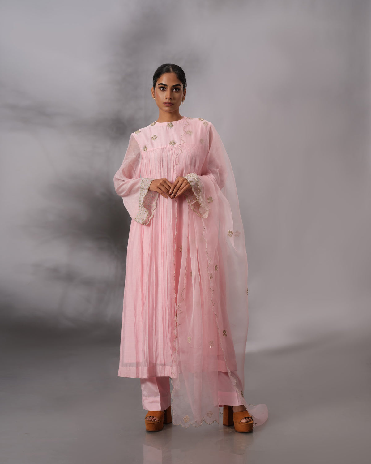 Model wearing the Blush Pink Gathered Salwar Set by Kpret by Kalakaari