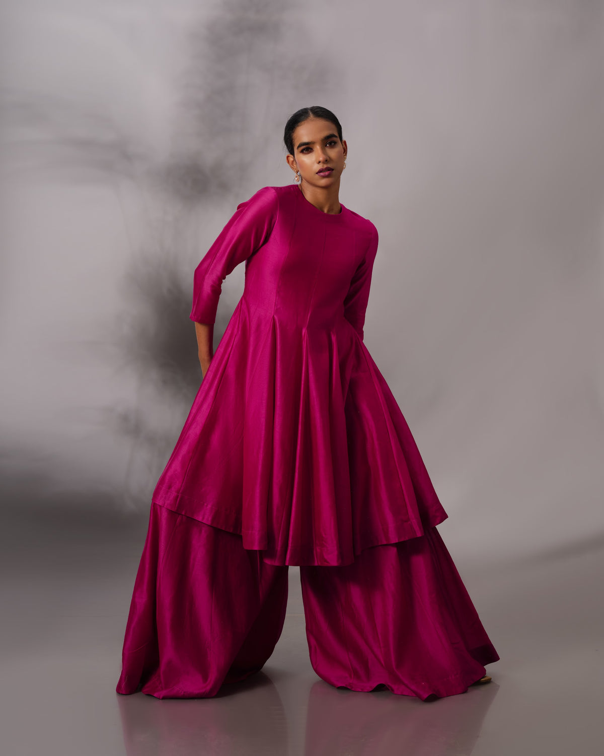 Model wearing the Hot Pink Godet Salwar Set by Kpret by Kalakaari