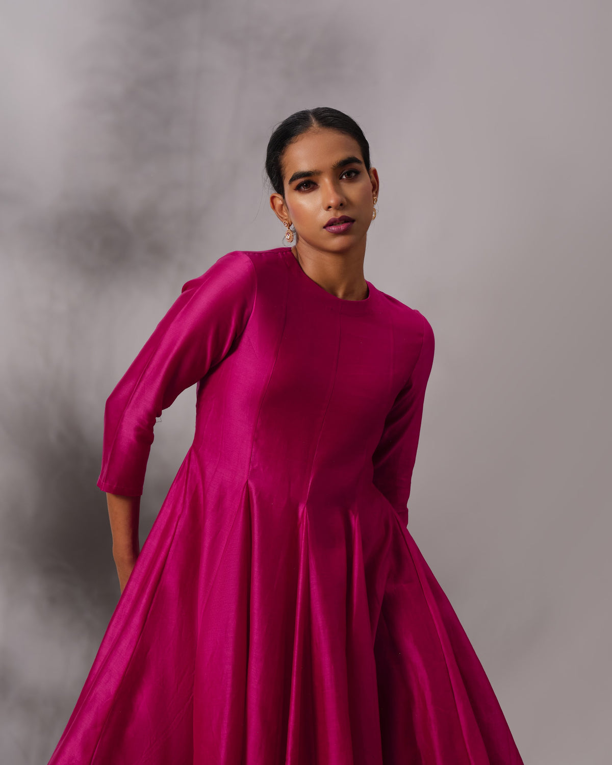Model wearing the Hot Pink Yoke Panelled Salwar Set by Kpret by Kalakaari