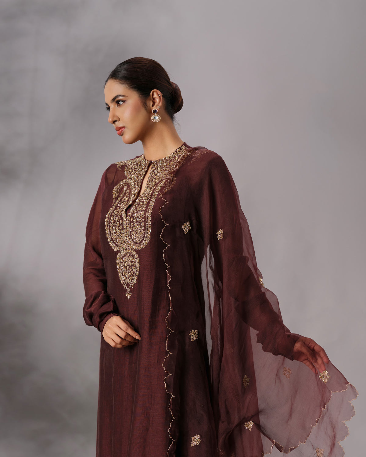 Model wearing the Dark Brown Hand-Embroidered Salwar Set by Kpret by Kalakaari