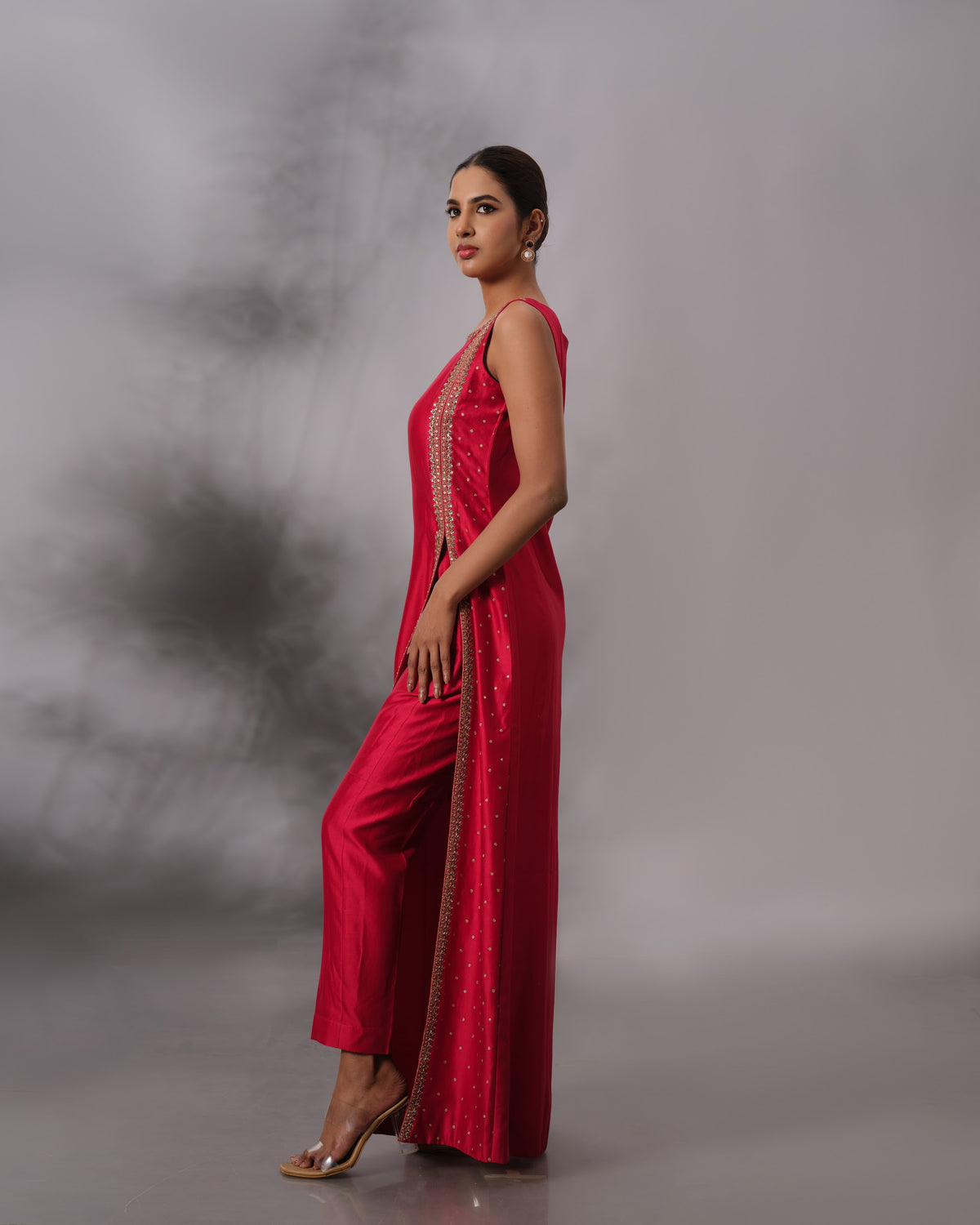 Model wearing the Crimson Red Chanderi Silk Set by Kpret by Kalakaari