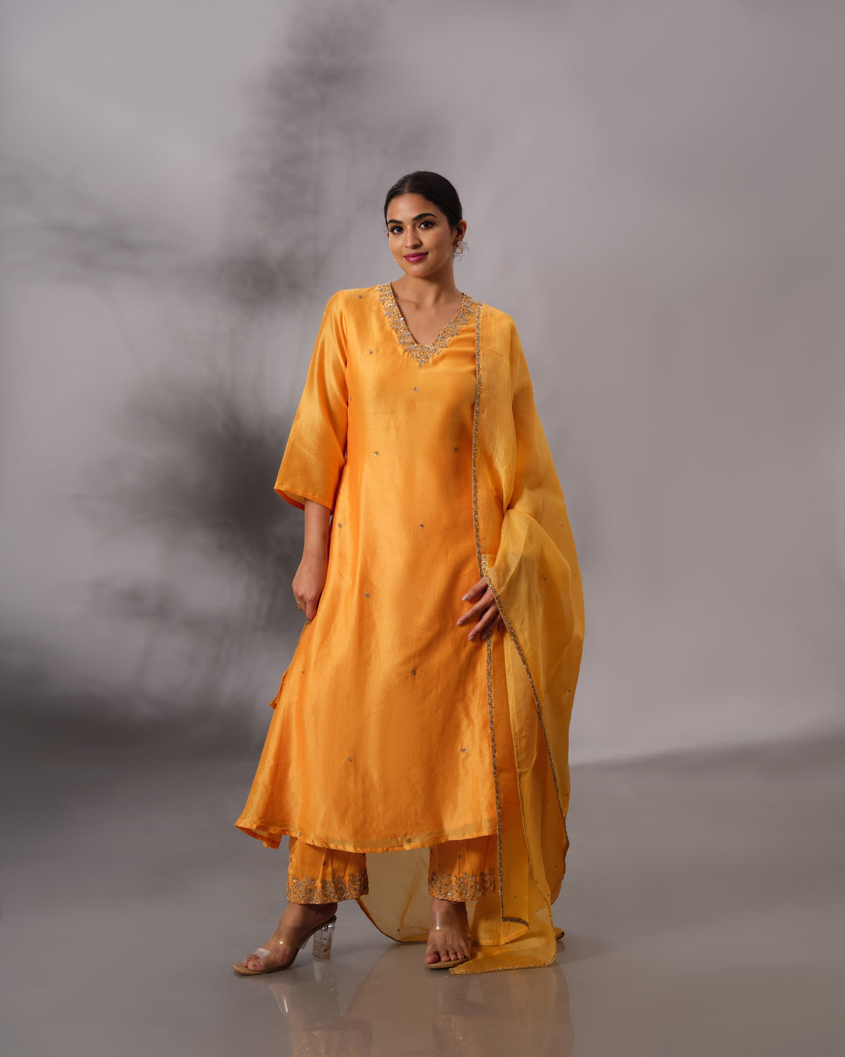 Model wearing the Cadmium Yellow A-Line Chanderi Silk Set by Kpret by Kalakaari
