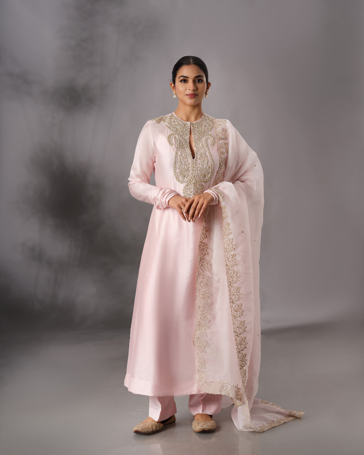Model wearing the Powder Pink Hand-Embroidered Salwar Set by Kpret by Kalakaari