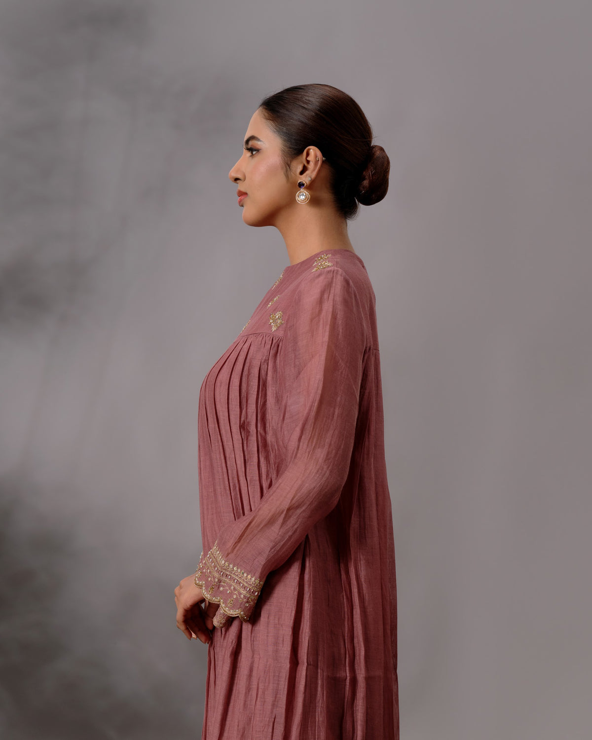 Model wearing the Rosewood Gathered Salwar Set by Kpret by Kalakaari