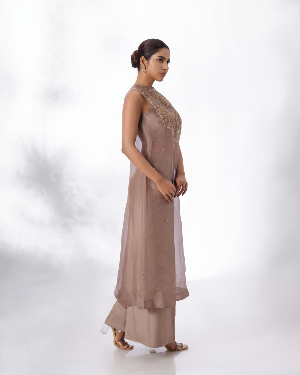 Model wearing the Chocolate Malt Silk Organza Set by Kpret by Kalakaari