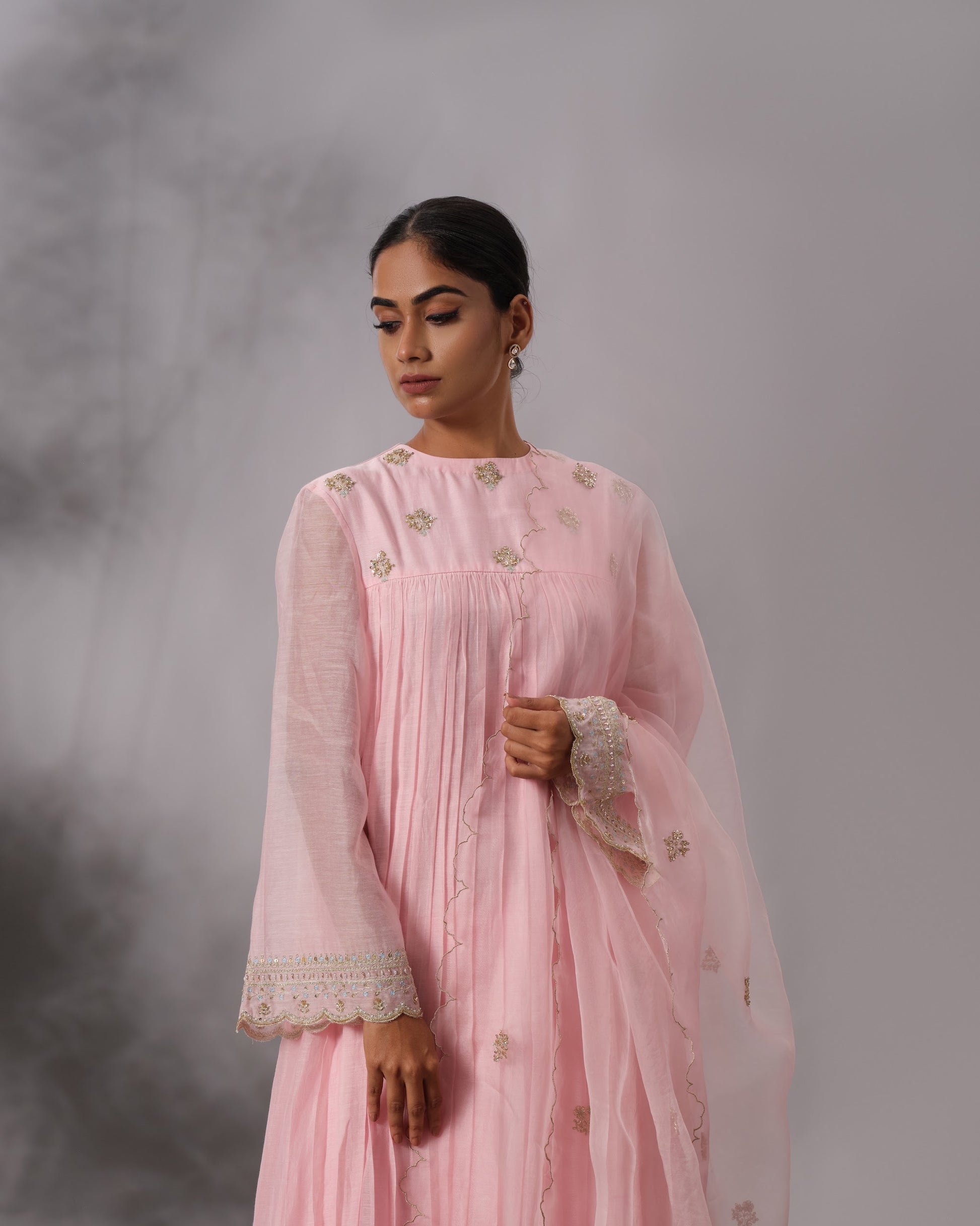 Model wearing the Blush Pink Gathered Salwar Set by Kpret by Kalakaari