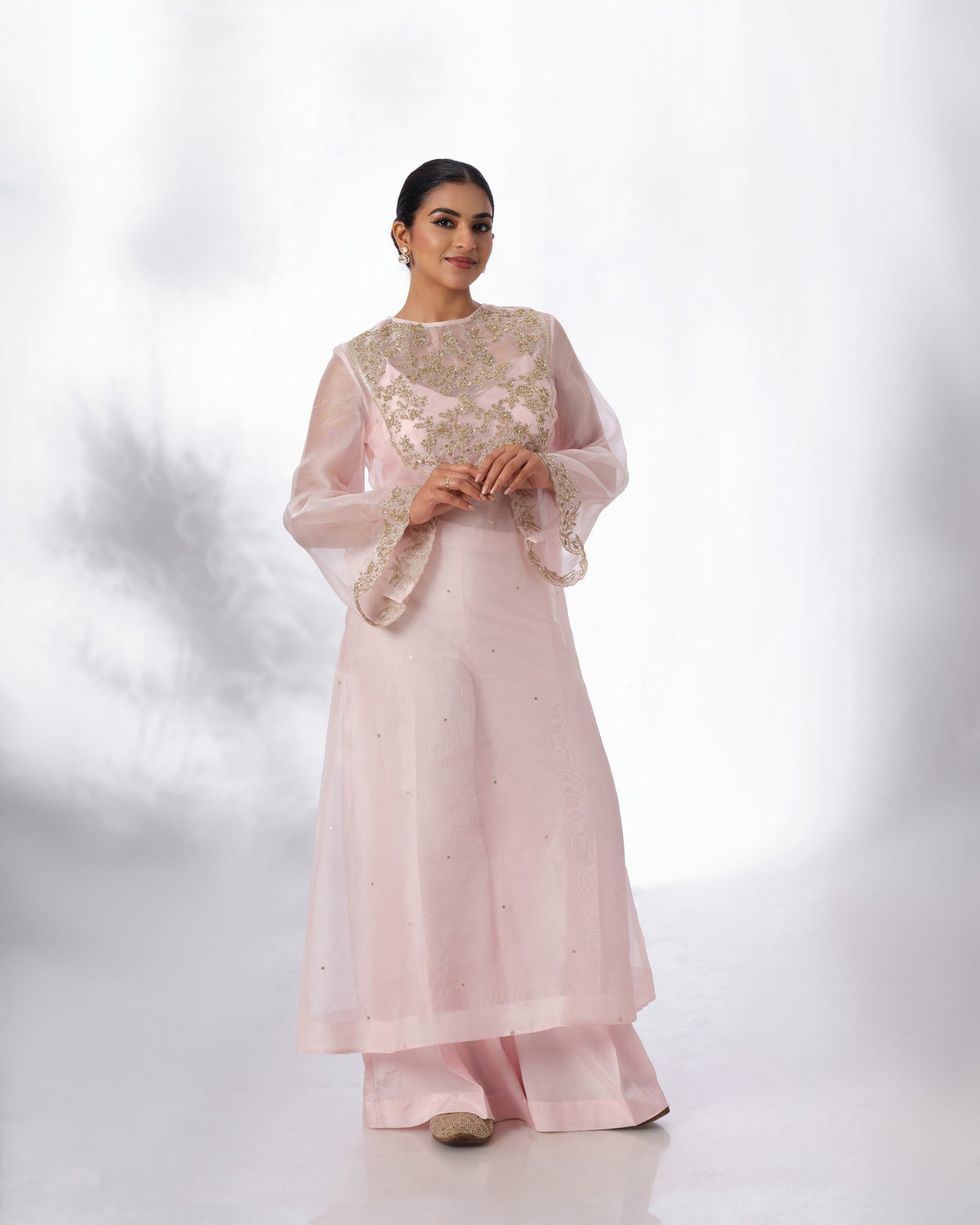 Model wearing the Calcite Silk Organza Set by Kpret by Kalakaari