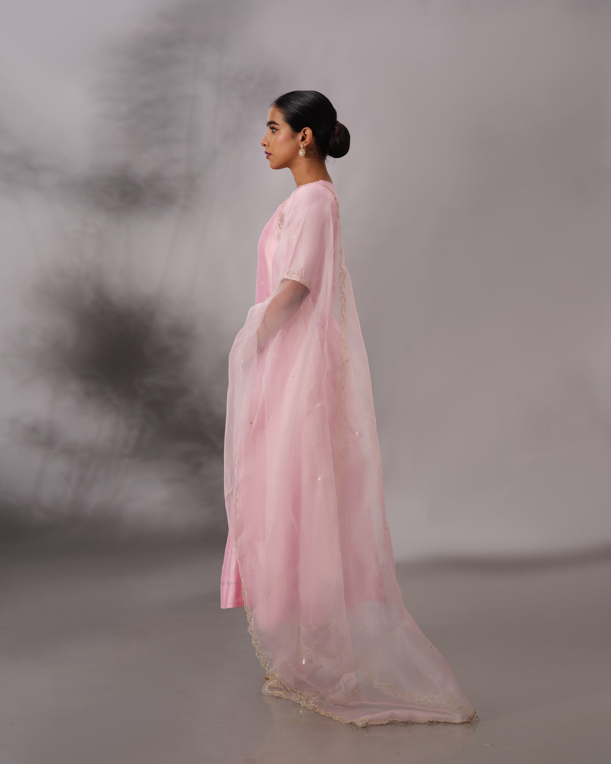 Model wearing the Candy Pink Three-Panelled Chanderi Silk Set by Kpret by Kalakaari