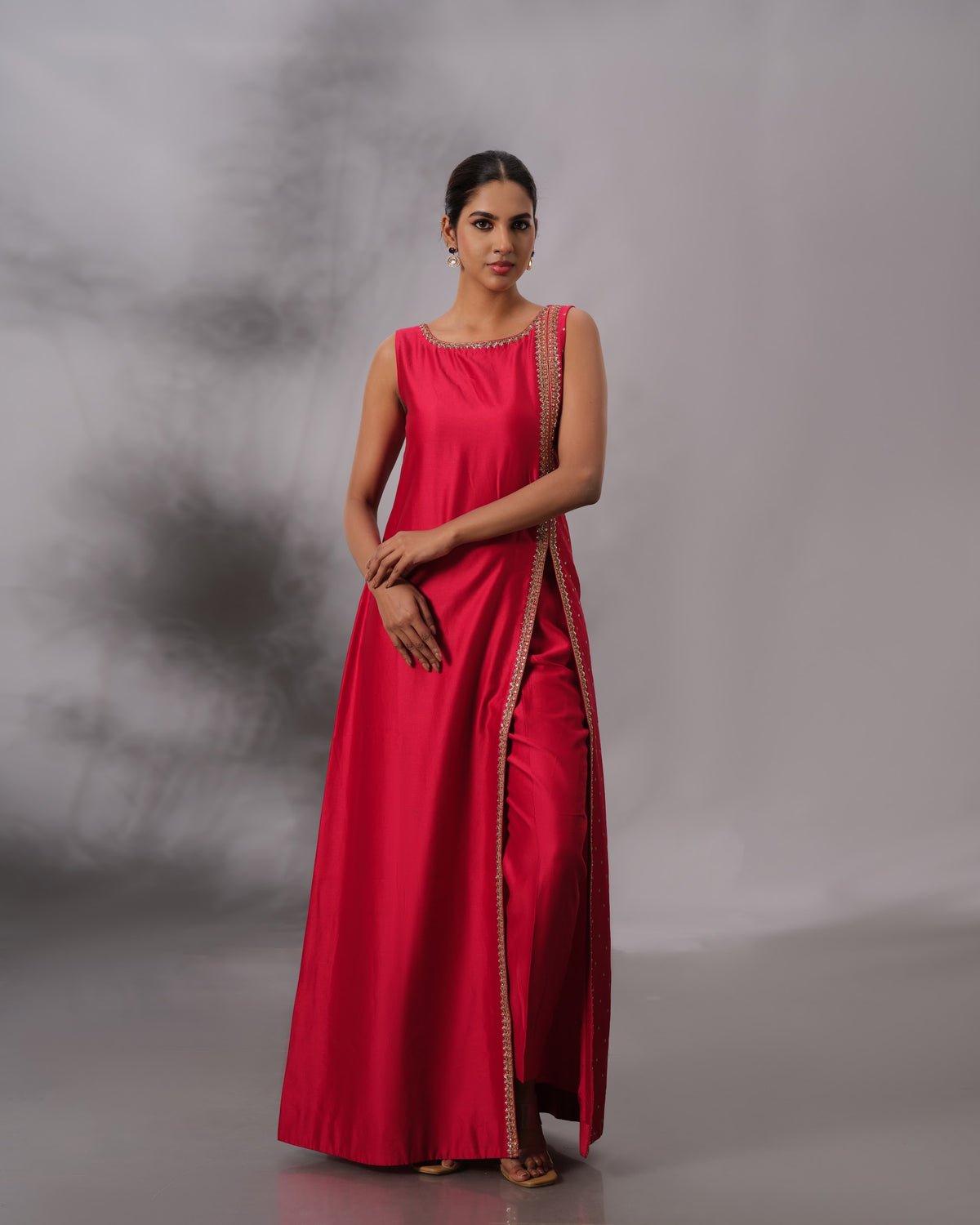 Model wearing the Crimson Red Chanderi Silk Set by Kpret by Kalakaari