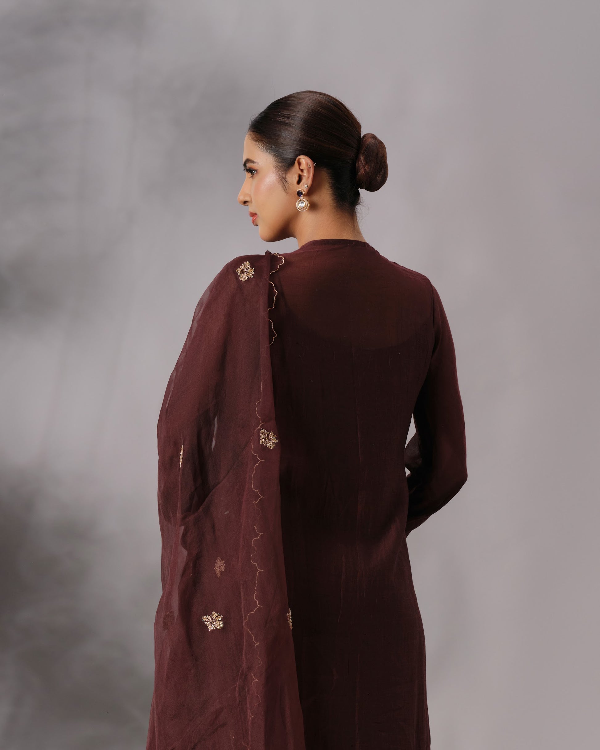 Model wearing the Dark Brown Hand-Embroidered Salwar Set by Kpret by Kalakaari