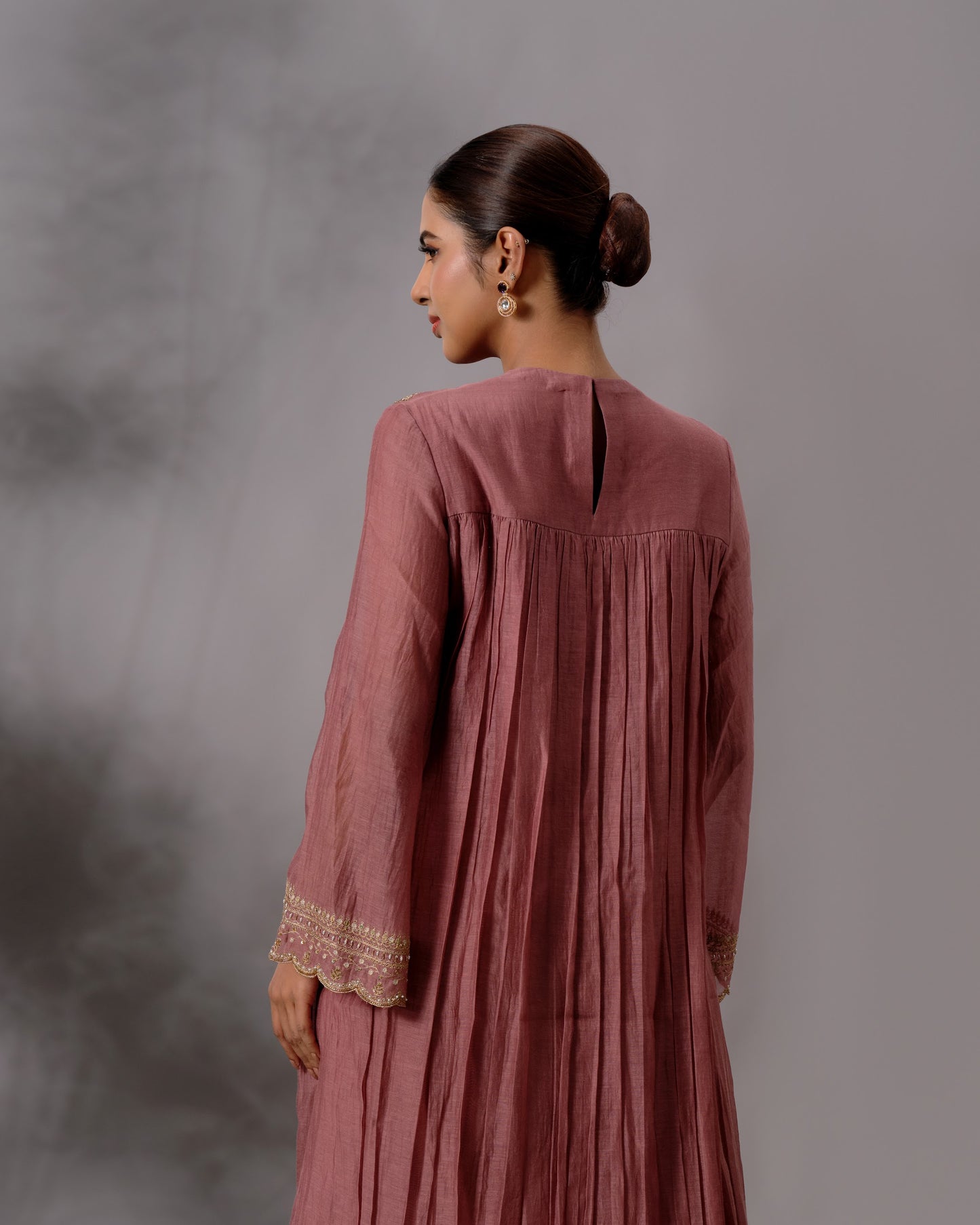 Model wearing the Rosewood Gathered Salwar Set by Kpret by Kalakaari
