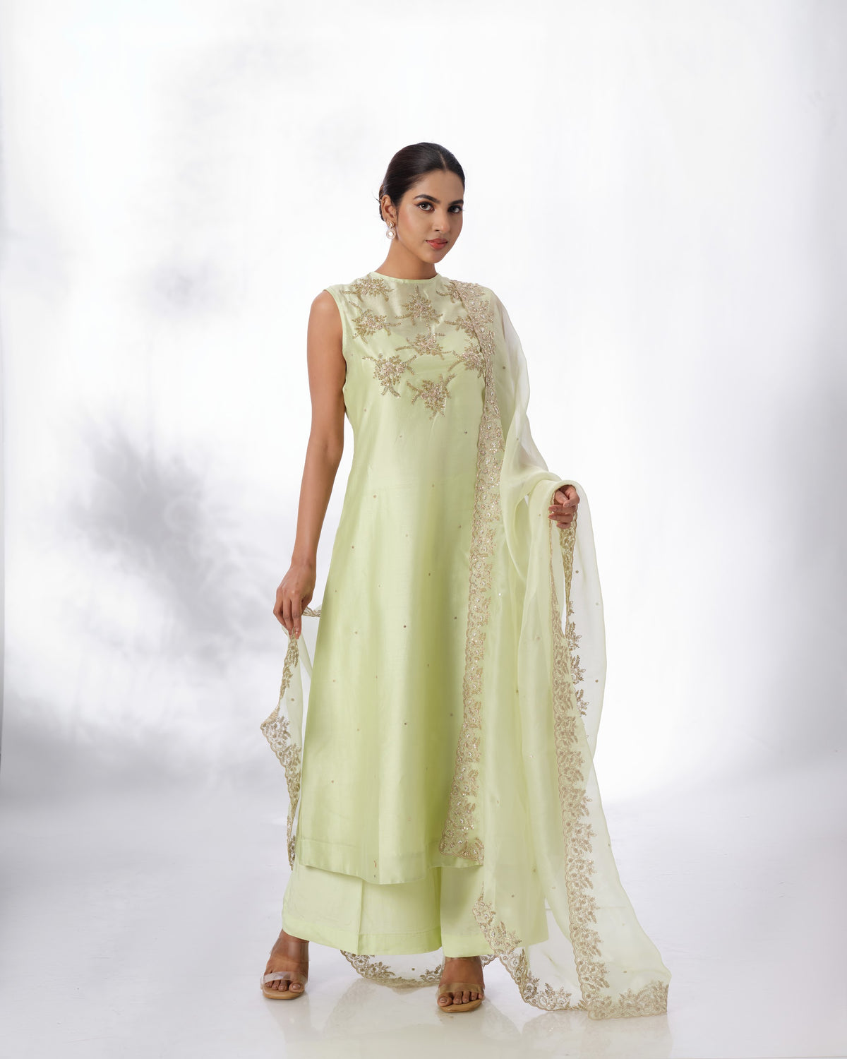 Model wearing the Lime Cream Chanderi Silk Set by Kpret by Kalakaari