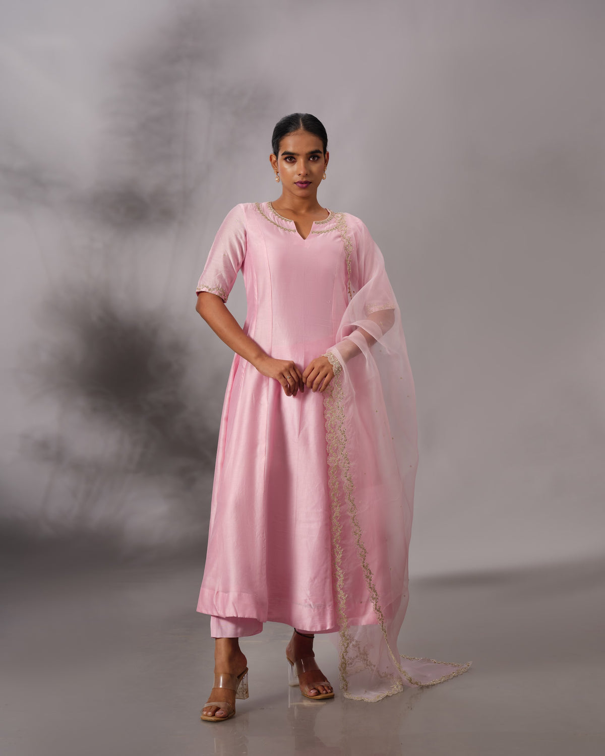 Model wearing the Candy Pink Three-Panelled Chanderi Silk Set by Kpret by Kalakaari