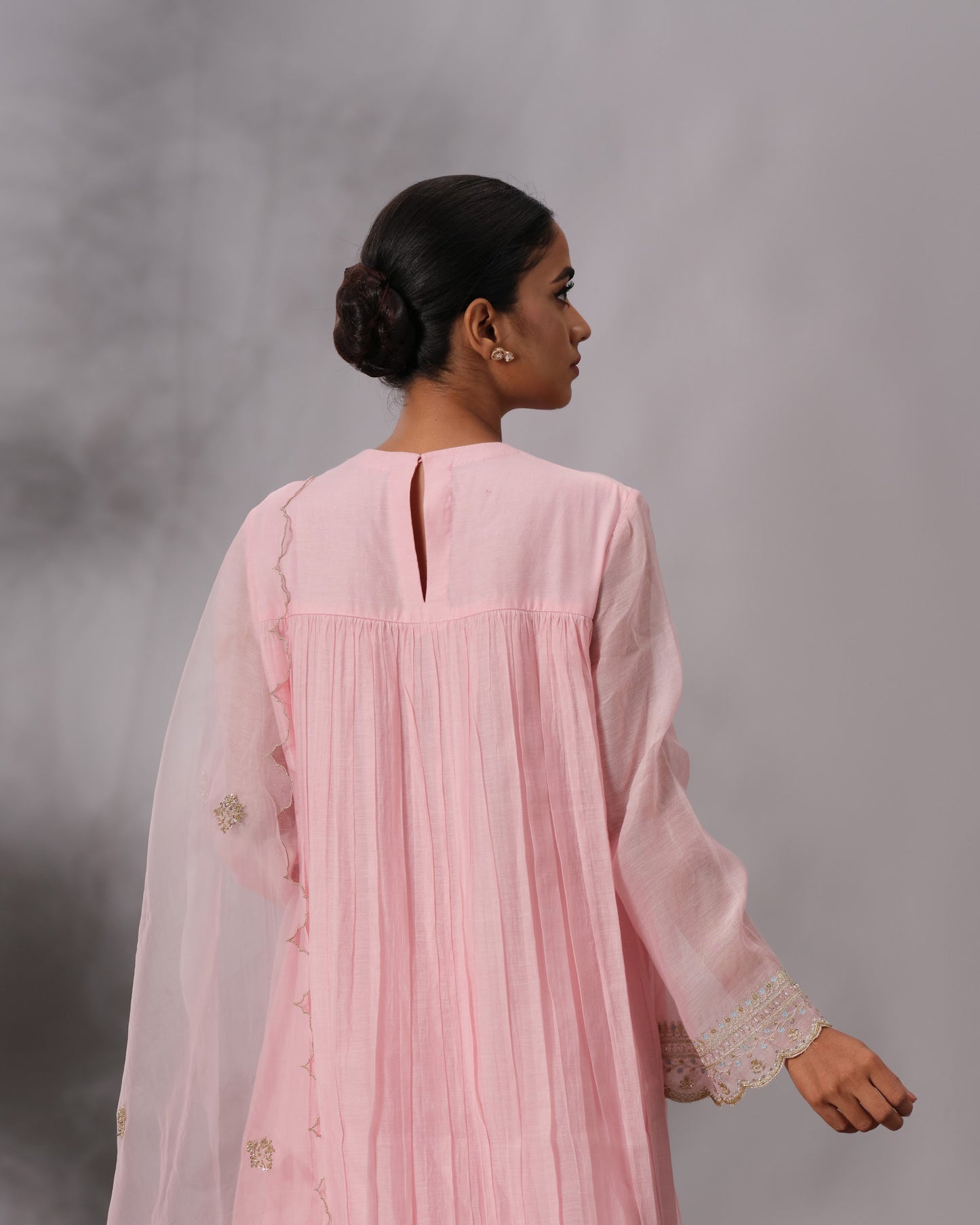 Model wearing the Blush Pink Gathered Salwar Set by Kpret by Kalakaari