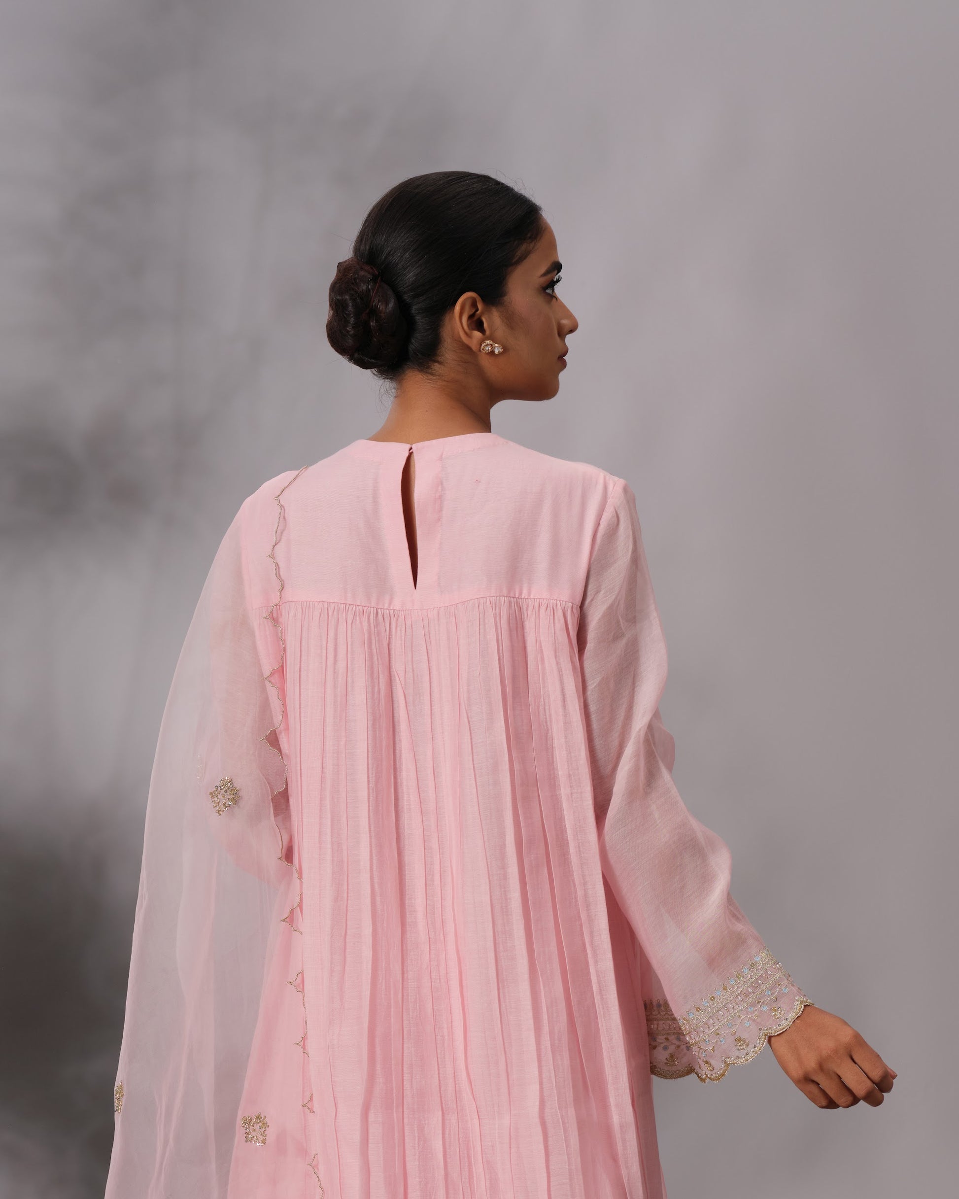 Model wearing the Blush Pink Gathered Salwar Set by Kpret by Kalakaari
