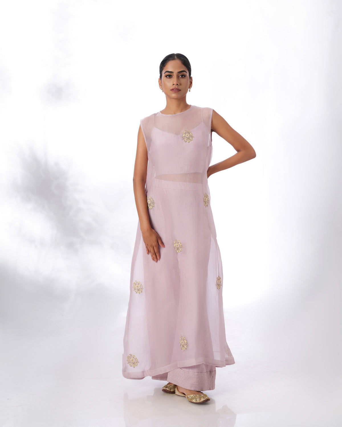 Model wearing the Light Lilac Silk Organza Butta Set by Kpret by Kalakaari