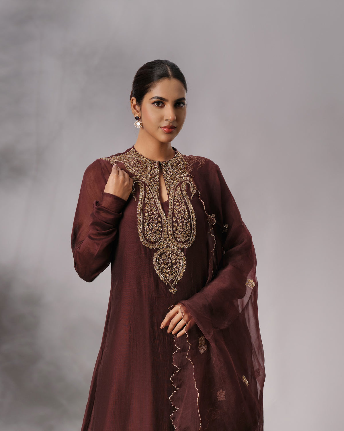 Model wearing the Dark Brown Hand-Embroidered Salwar Set by Kpret by Kalakaari