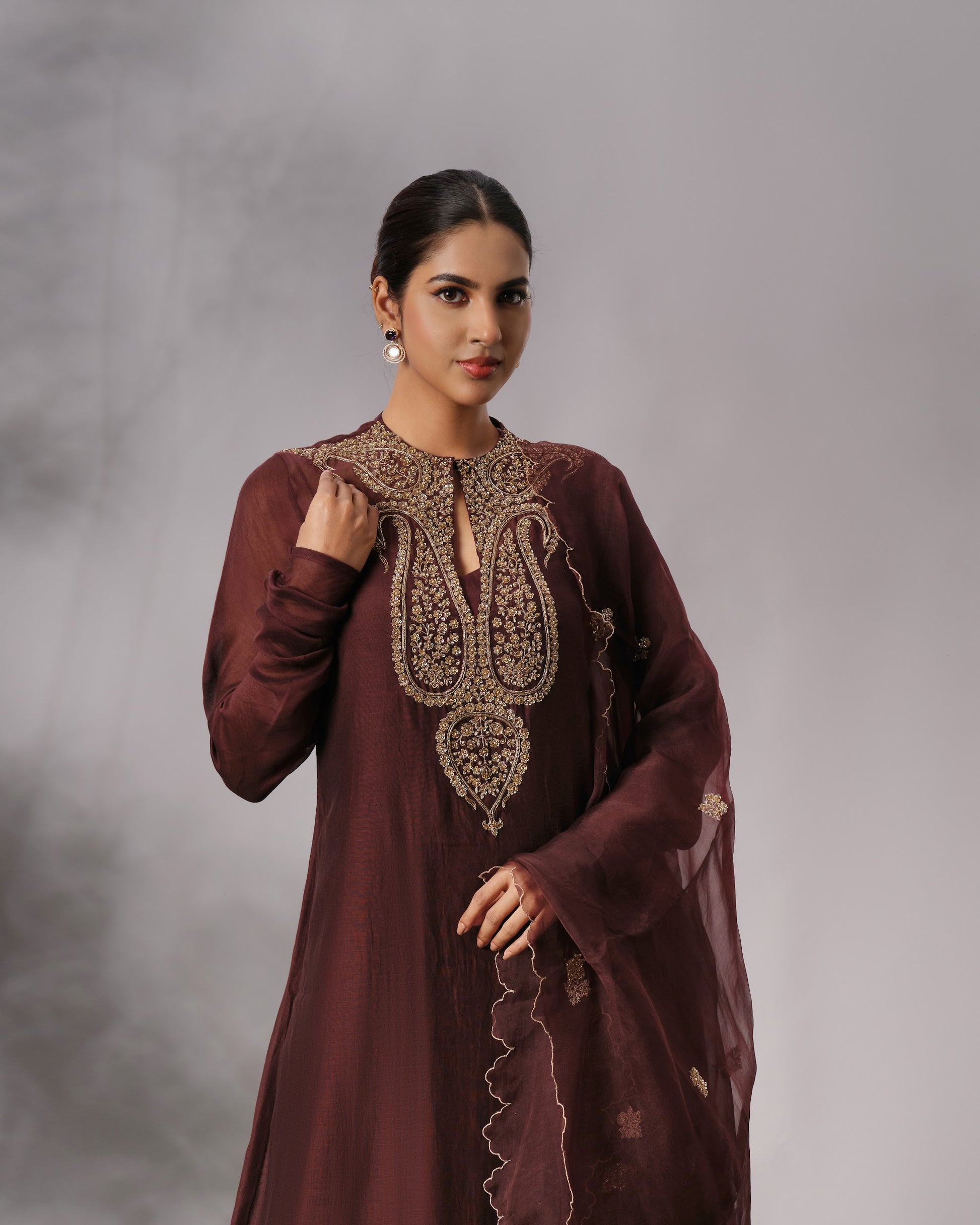 Model wearing the Dark Brown Hand-Embroidered Salwar Set by Kpret by Kalakaari