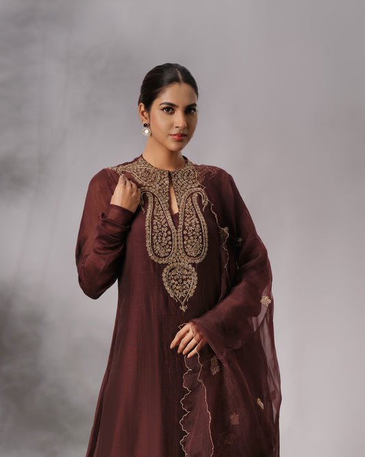 Model wearing the Dark Brown Hand-Embroidered Salwar Set by Kpret by Kalakaari