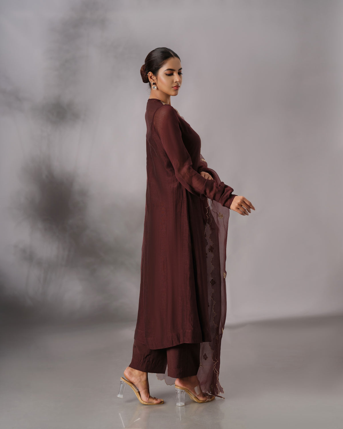 Model wearing the Dark Brown Hand-Embroidered Salwar Set by Kpret by Kalakaari