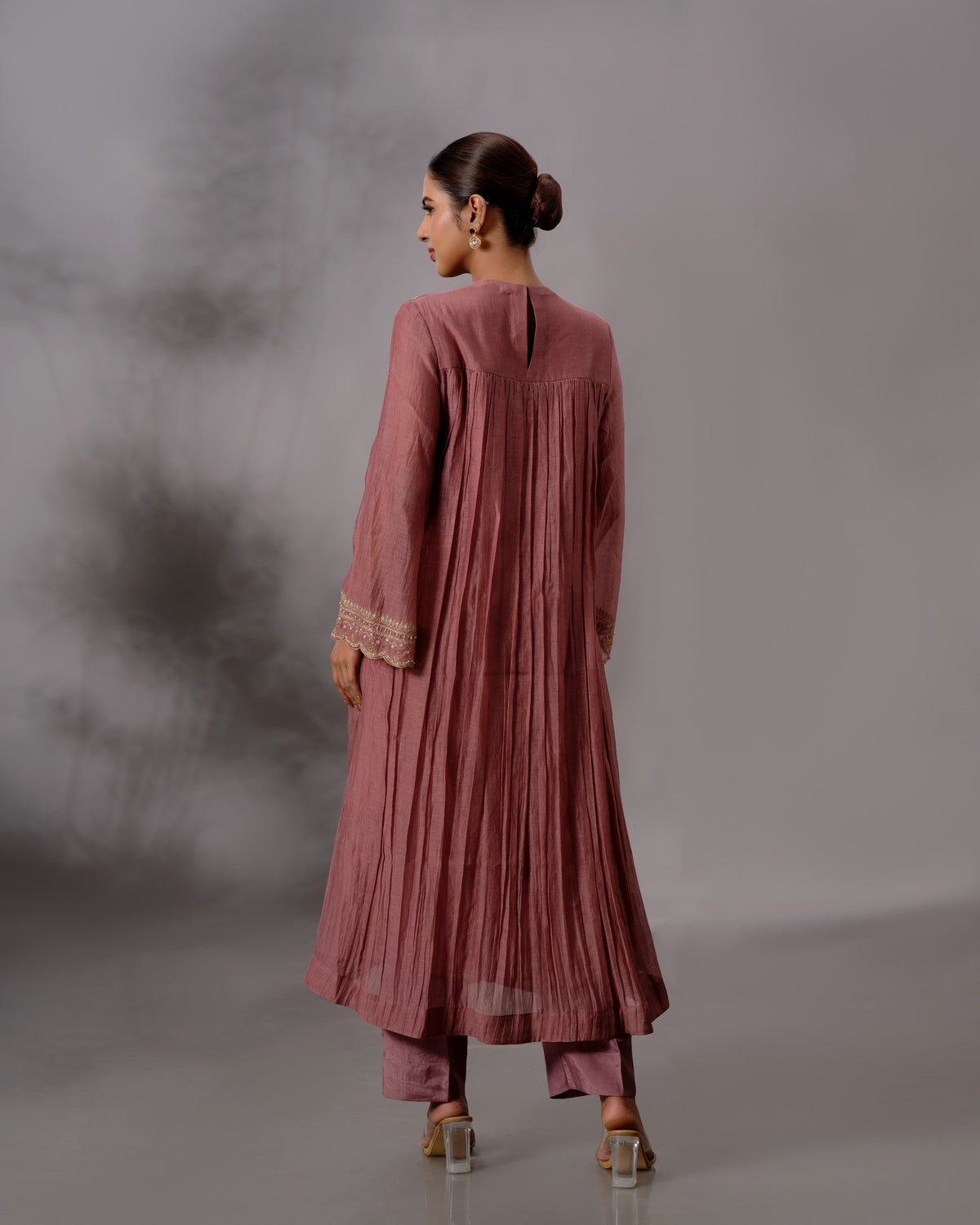 Model wearing the Rosewood Gathered Salwar Set by Kpret by Kalakaari