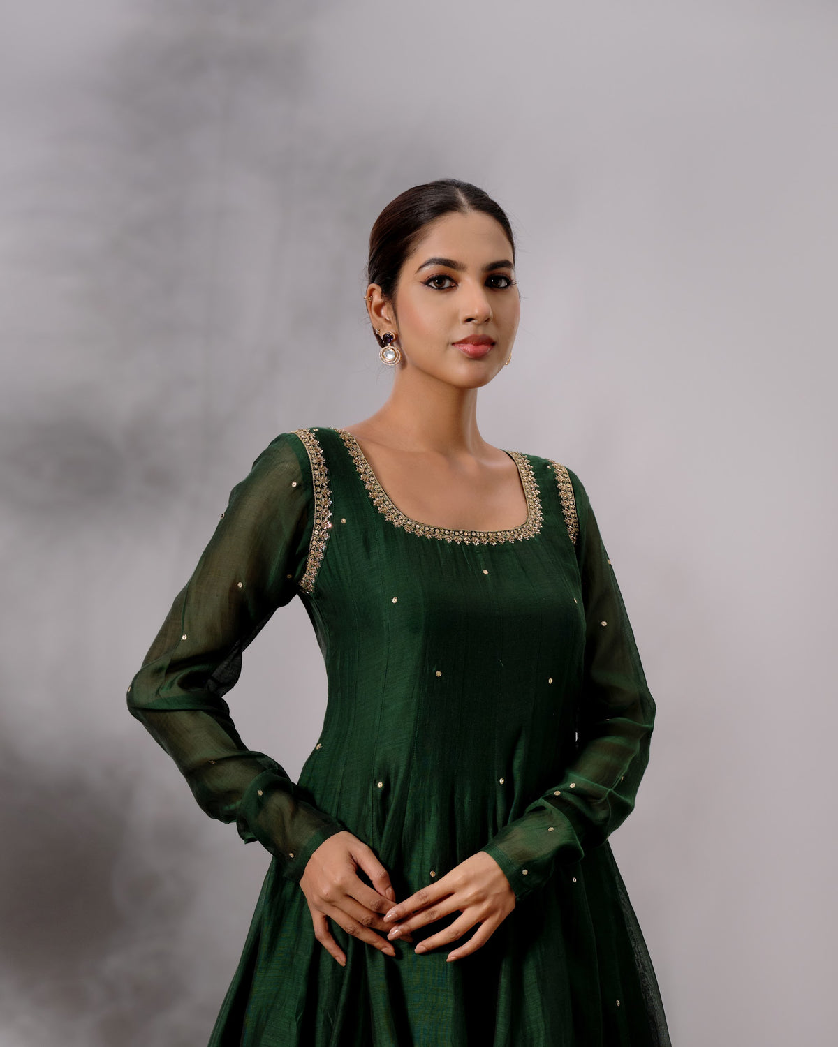 Model wearing the Deep Emerald Panelled Salwar Set by Kpret by Kalakaari